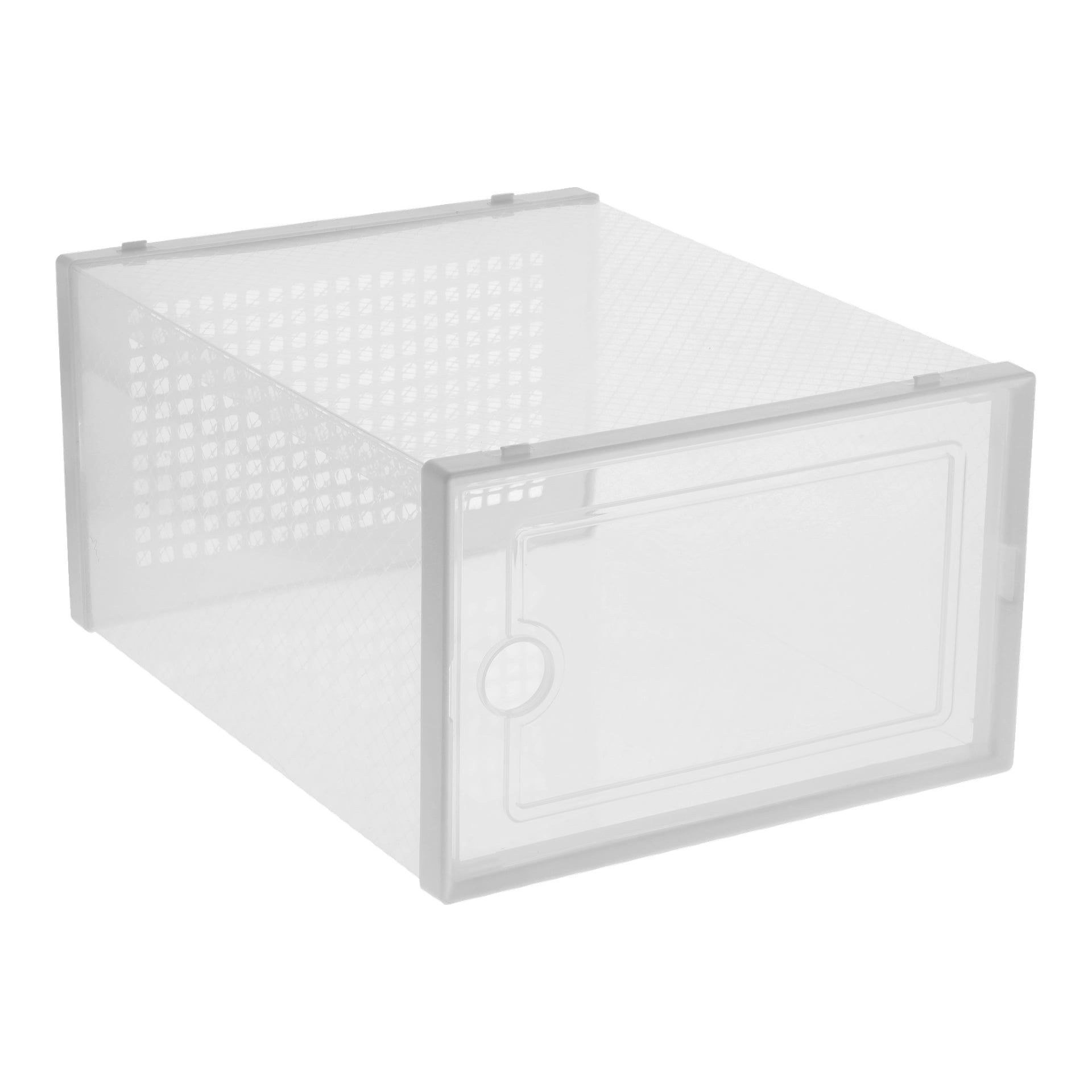 Eine durchsichtige Kunststoff-Hardhead-Schuhaufbewahrungsbox mit einem Gittermuster an den Seiten und oben sowie einer vorderen Tür mit rundem Griff. Die Kiste ist leer.