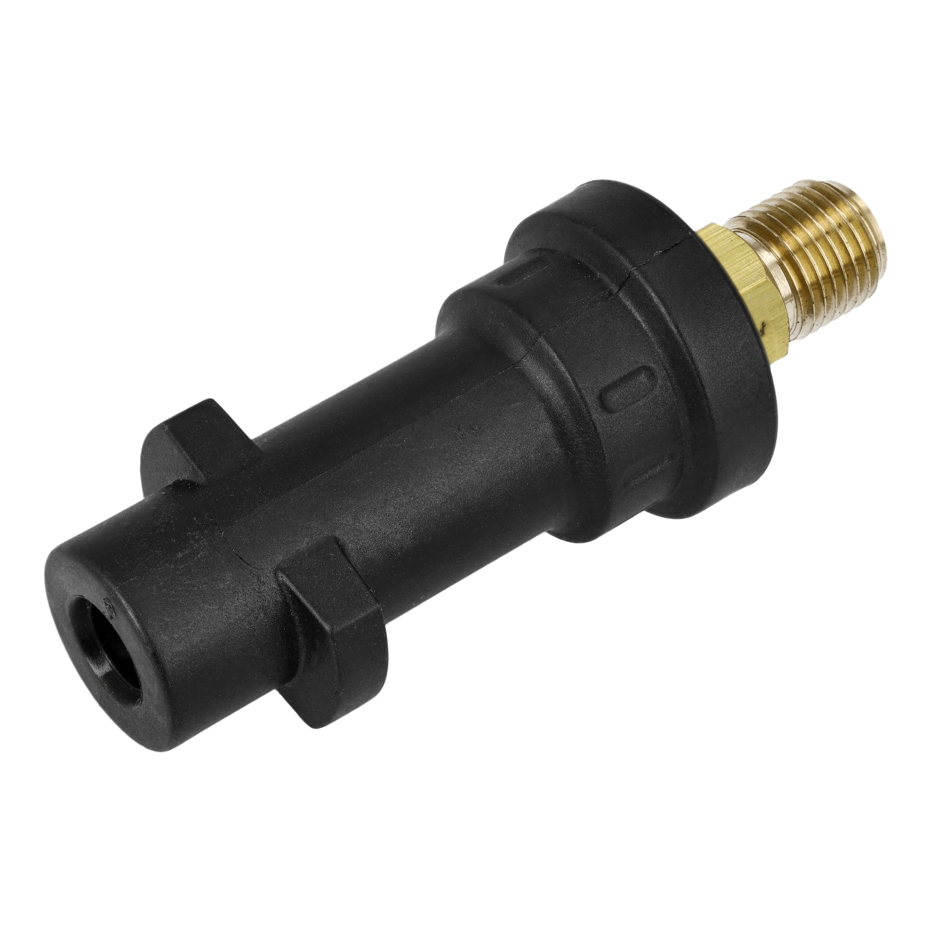 En Meec Tools-adapter designad för ett Kärcher-skummunstycke syns på bilden. Kopplingen är gjord av svart plast och mässing, med en cylindrisk form med spår, och ena änden har en metallisk hangänga.
