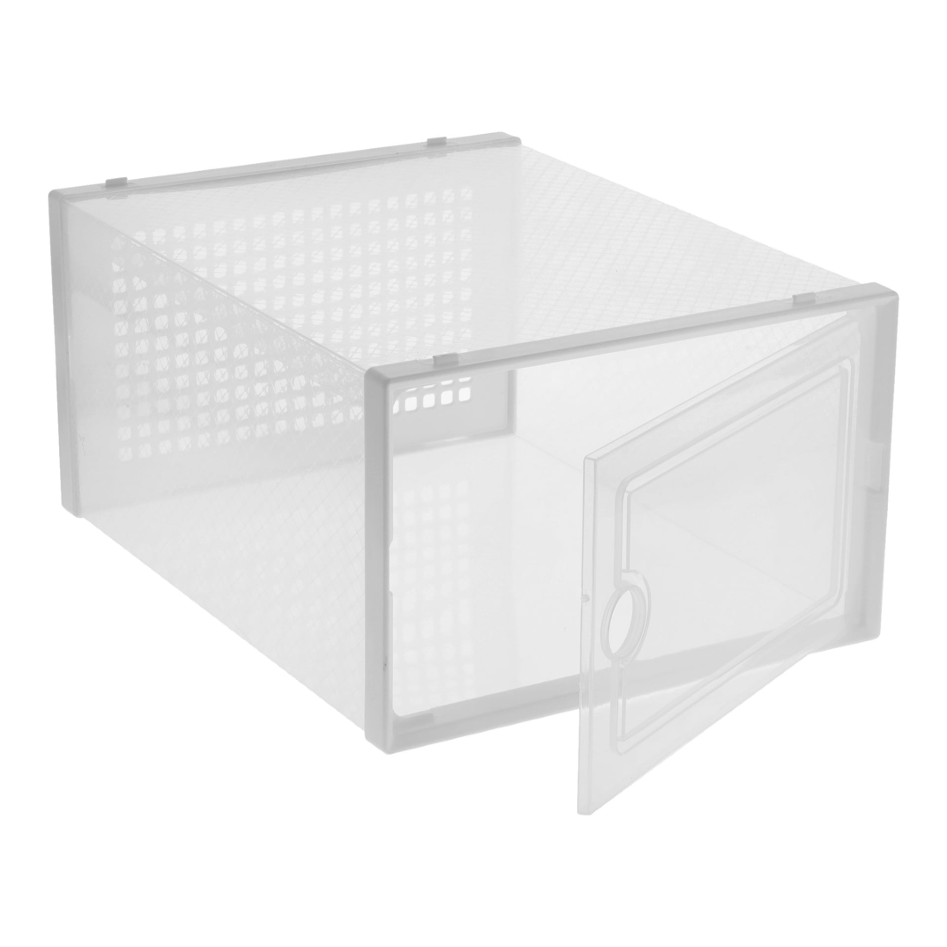 Die Hard Head Schuhaufbewahrungsbox hat eine klare Kunststoffkonstruktion mit einer offenen Klapptür. Die Seiten und die Oberseite zeigen ein strukturiertes, rasterartiges Muster, und die Box ist derzeit leer.