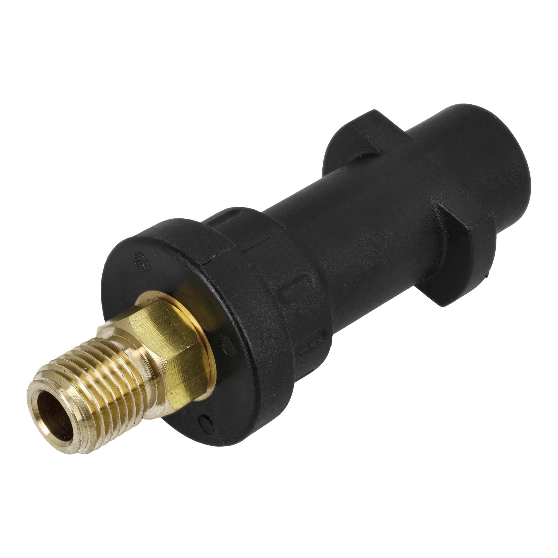 En närbild på en Meec Tools Adapter för skummunstycke Kärcher, som framhäver dess koppling i mässing och svart plastgänga.
