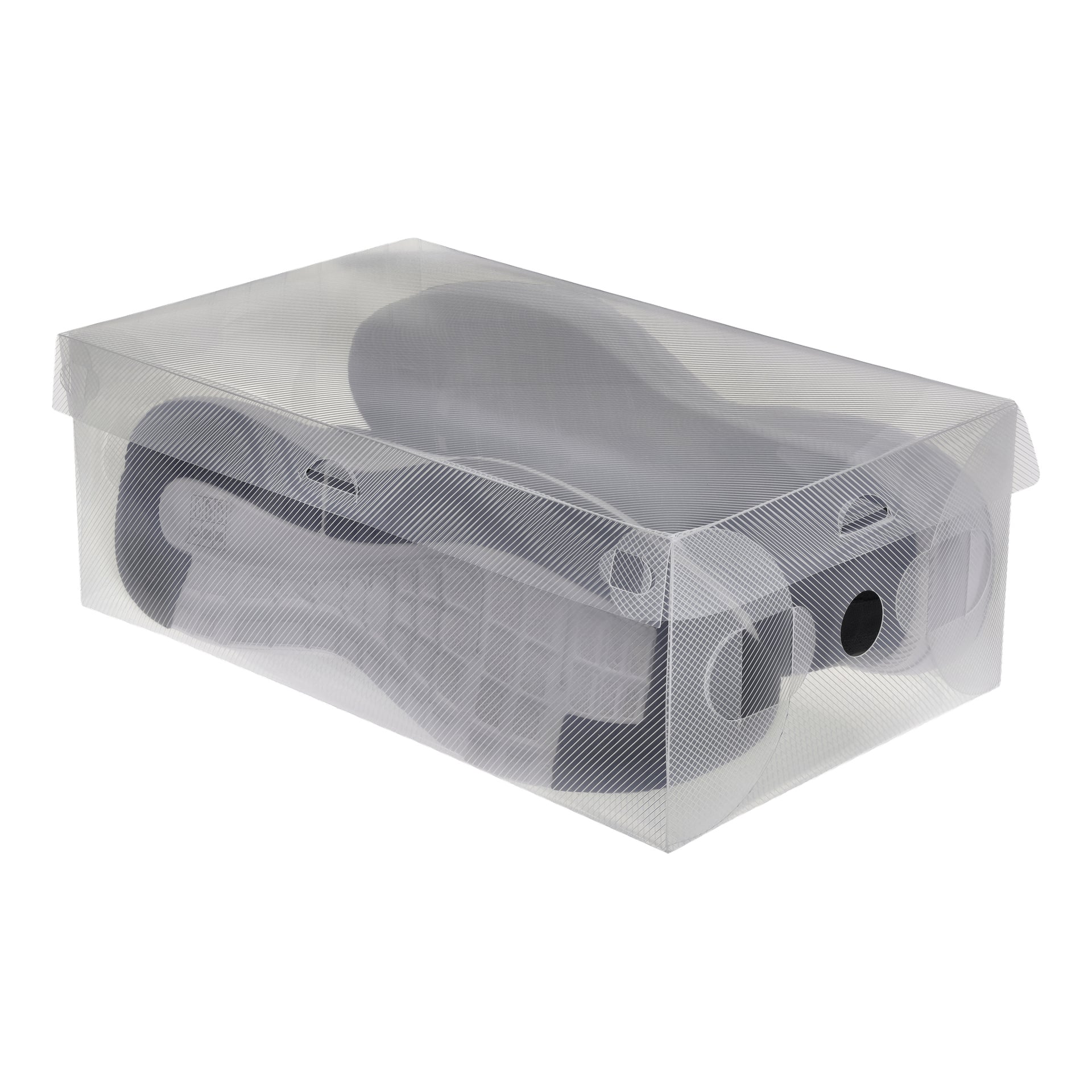 Ett par svartvita sneakers finns i en klar, texturerad Hard Head Storage-låda 3-pack. Lådan visar texten Hard Head Storage Box 3-pack.