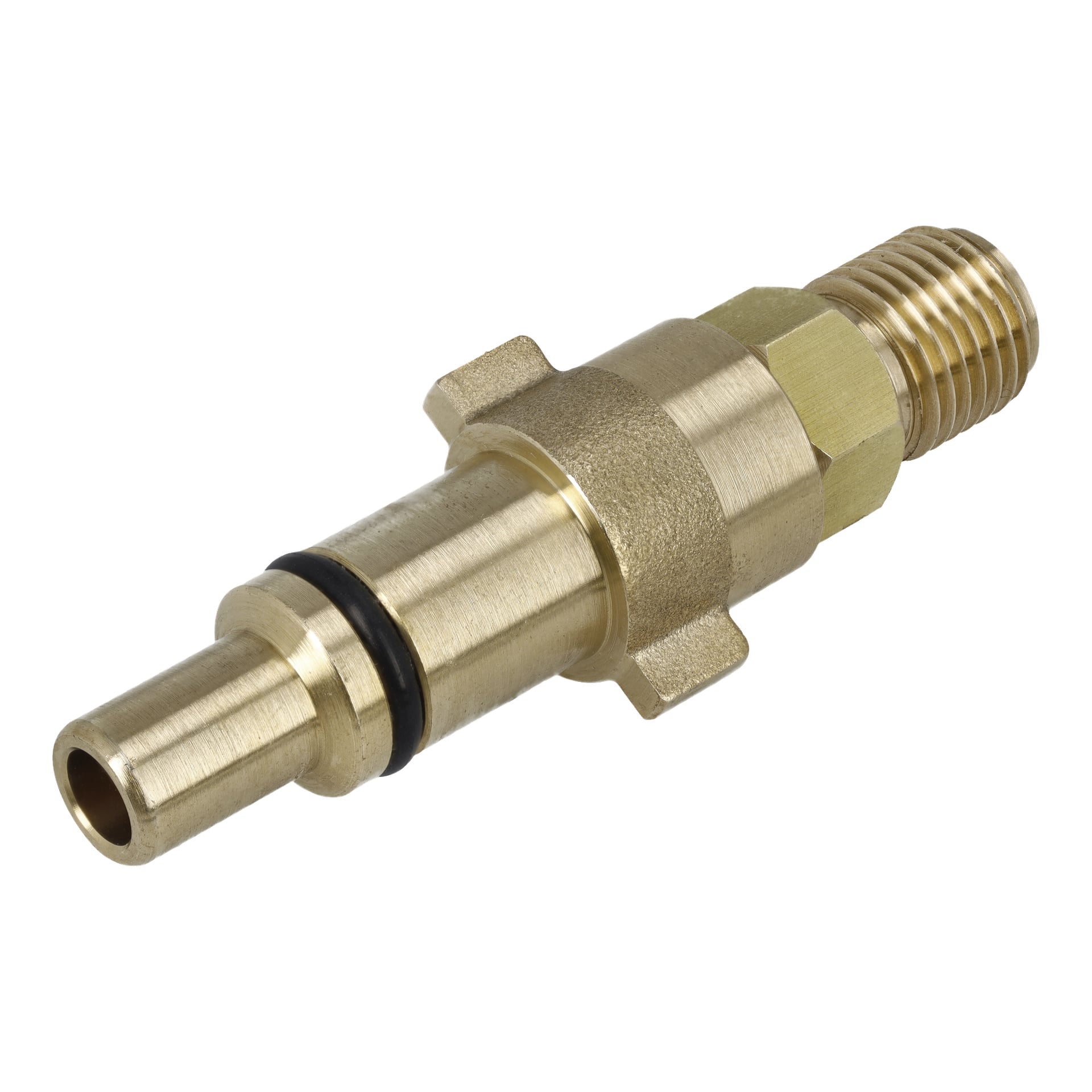 Meec Tools-adapter för ett Nilfisk-skummunstycke, som visar en snabbkoppling i mässing med en svart O-ring, gängad i ena änden och avslutad med en slät cylindrisk spets på andra sidan.