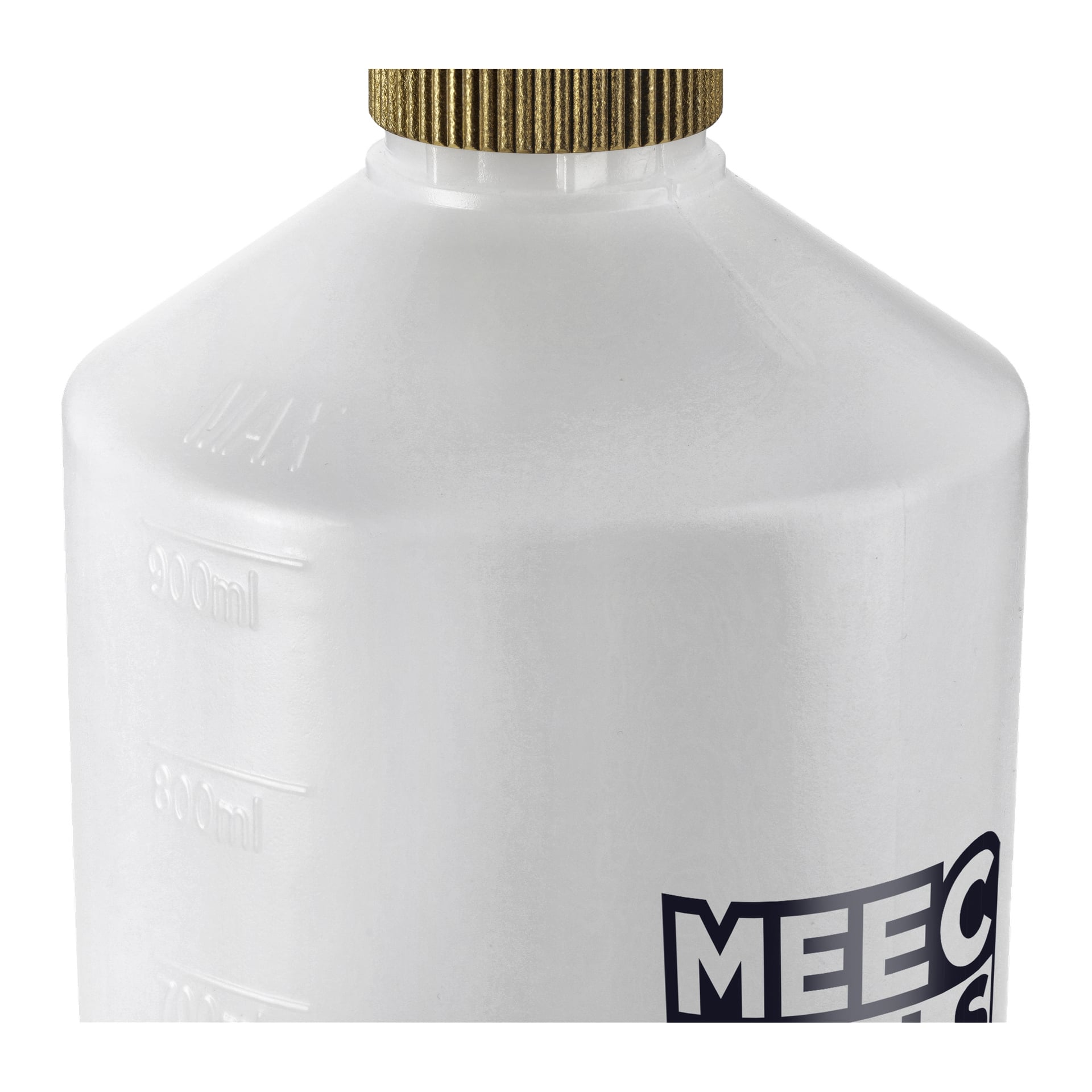 En närbild av en genomskinlig plastflaska med måttmarkeringar upp till 900 ml och toppad med en guldfärgad skruvlock. Den nedre högra delen visar en del av en etikett med varumärket "Meec Tools" och identifierar föremålet som en Foam lance.