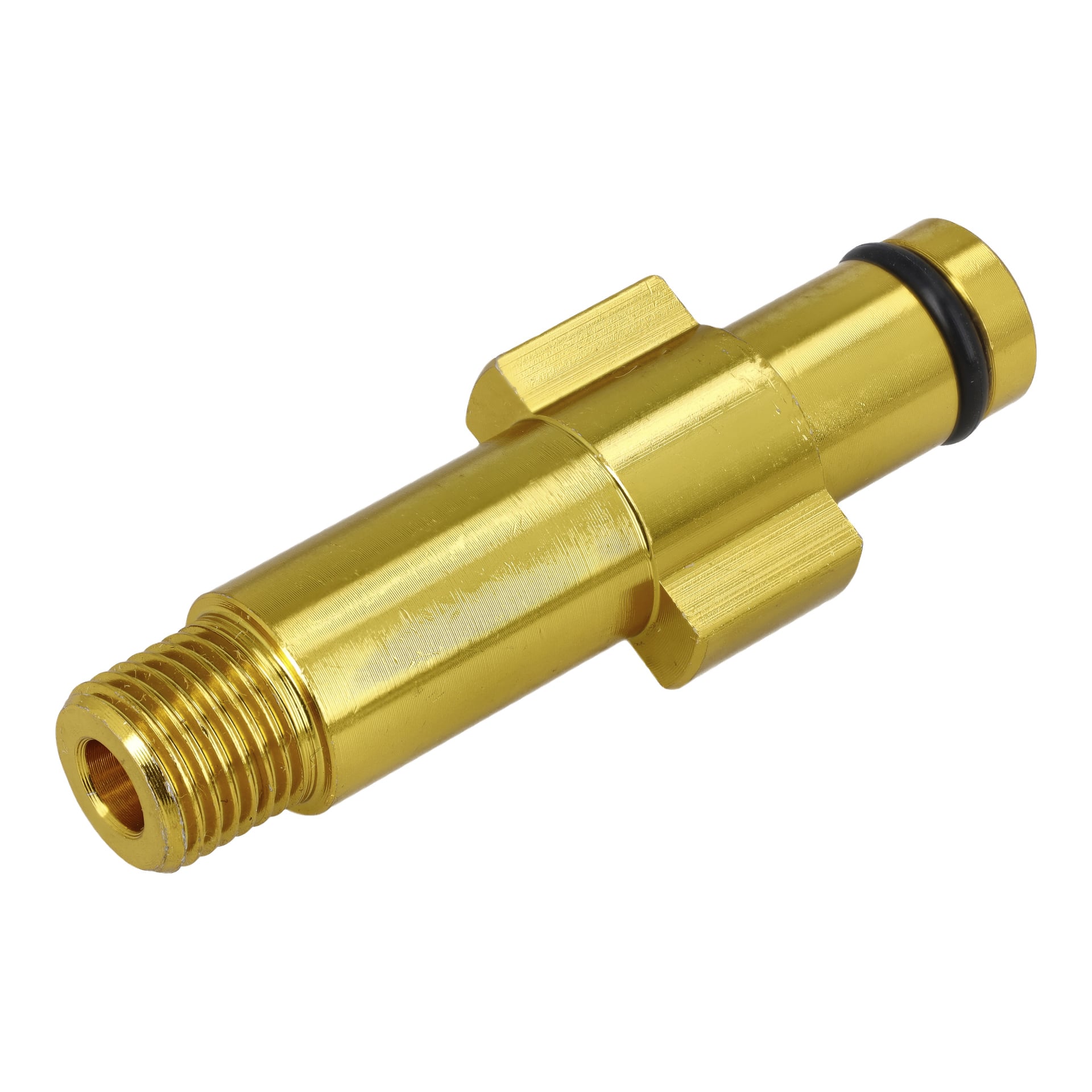 En guldmetalladapter från Meec Tools designad för skummunstycken, med en gängad spets, två platta sidoförlängningar, en slät cylindrisk kropp och en svart O-ring nära andra änden.