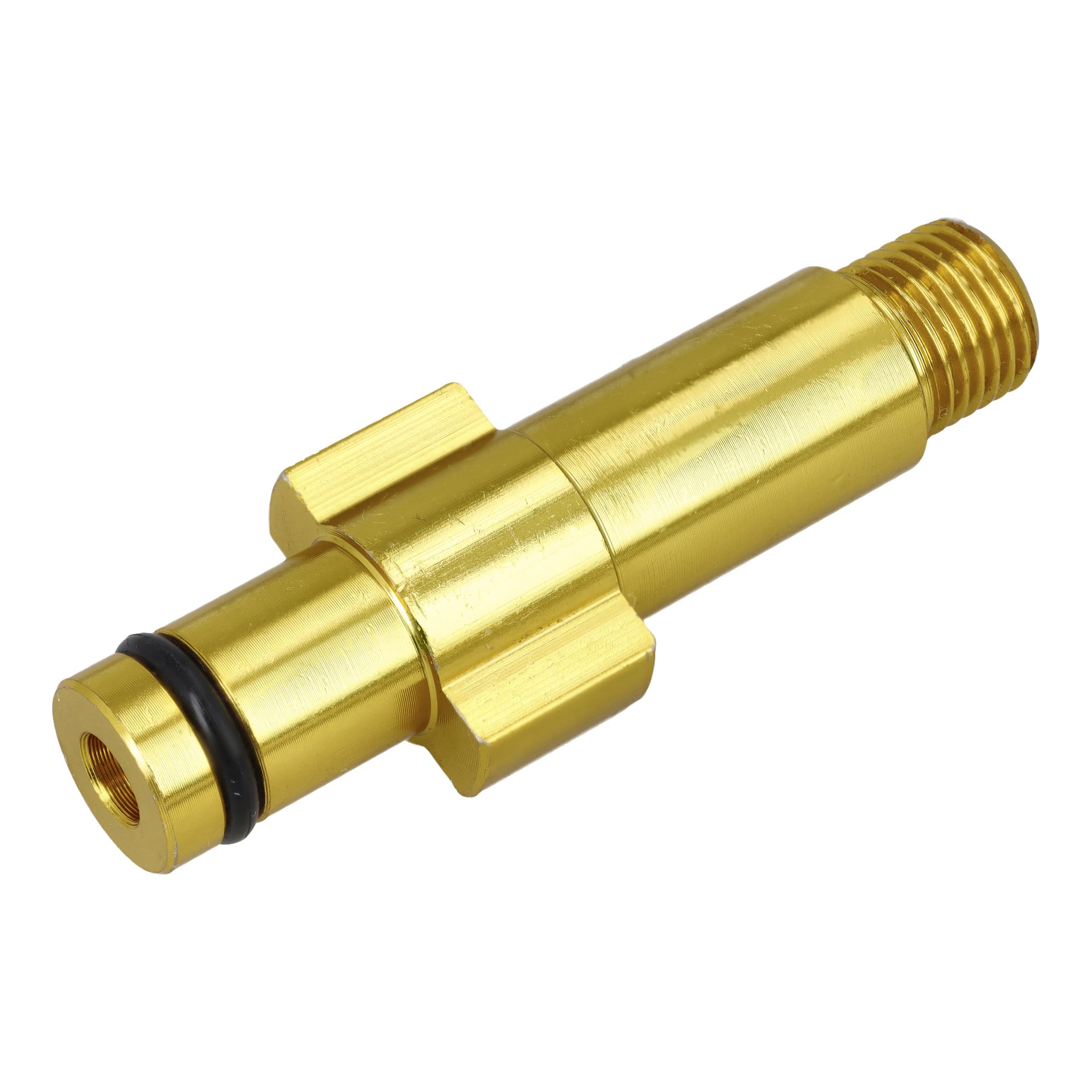 En Meec Tools Adapter för ett skummunstycke, med en guldfärgad metallkropp, gängning i ena änden, en svart O-ring i den andra änden och två rektangulära utstickare i mitten.