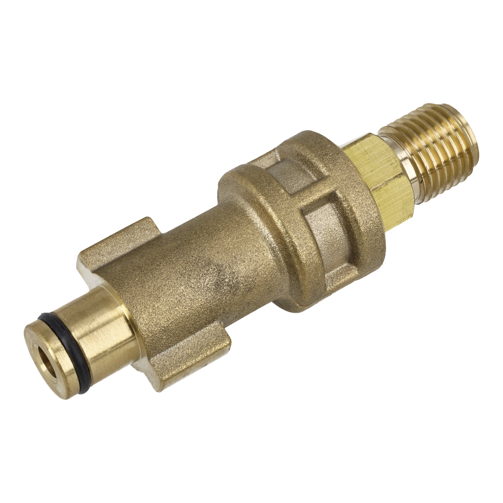 Adapter för skummunstycke kompatibelt med Bosch, tillverkad av Meec Tools. Den har en mässingskoppling med gängning på ena sidan och en O-ring på den andra, avsedd för att fästa slangar eller rör vid VVS eller industriellt bruk.