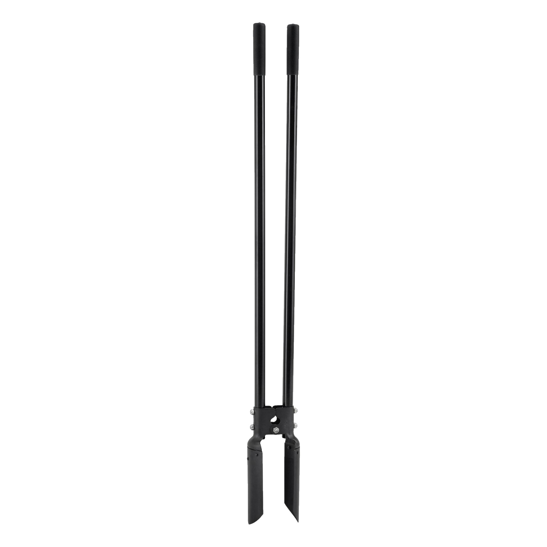 Hard Head Post Hole Digger har två förlängda svarta handtag och ett par böjda spadeliknande blad vid basen, avsedda för att gräva smala bottenhål.
