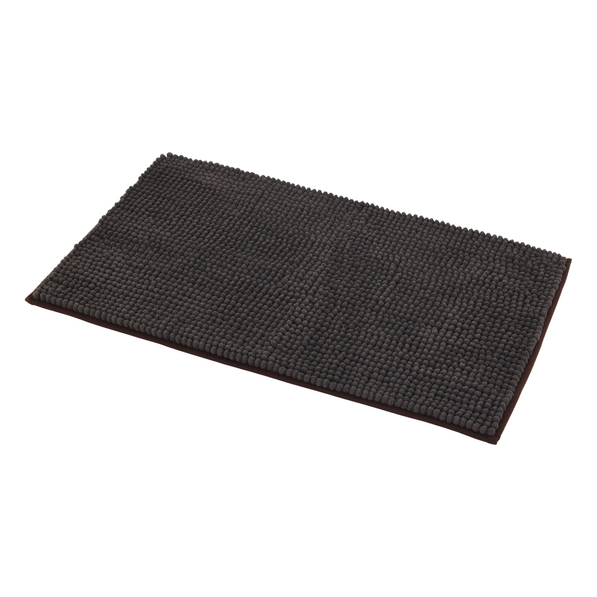 EKVIP badrumsmatta är rektangulär och tillverkad av mörkbrun chenille med en texturerad, knubbig yta. Den har prydligt avslutade kanter och ser mjuk och mycket absorberande ut.