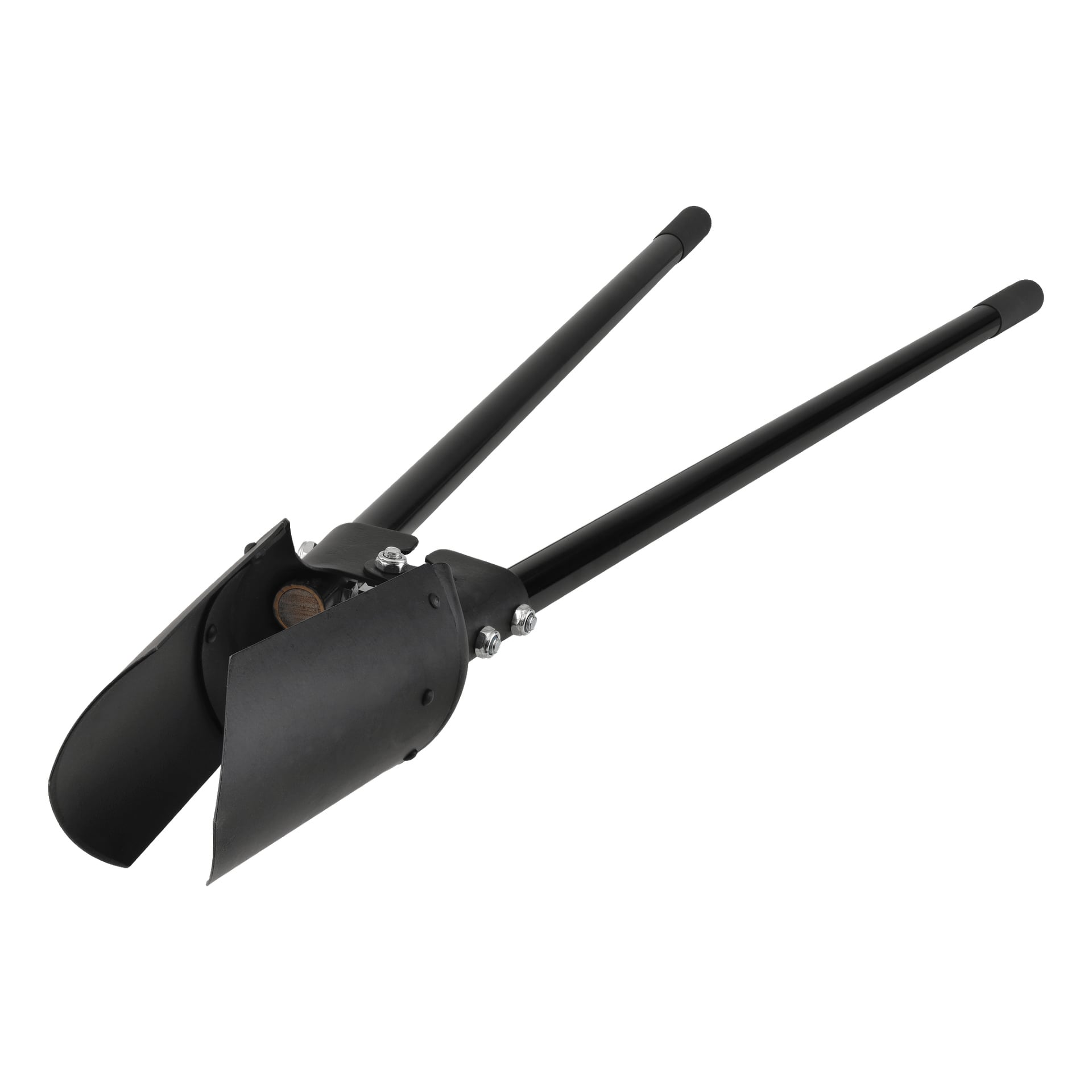 Hard Head Post Hole Digger är ett manuellt verktyg i metall med två långa svarta handtag och böjda, skopade blad, som visas öppna och vilande.