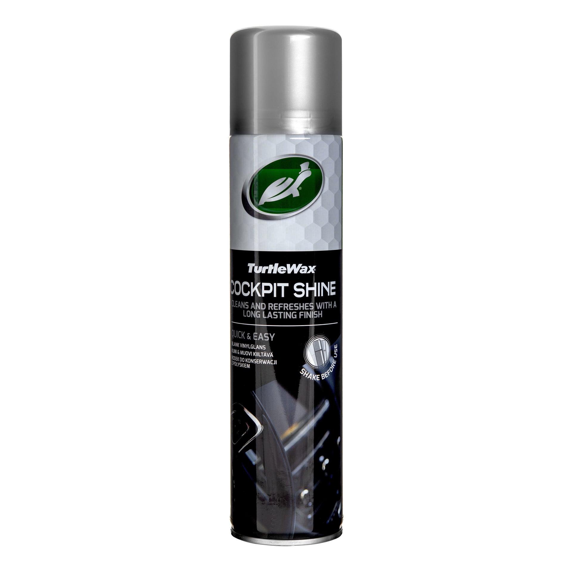 Turtle Wax Cockpit Shine kan med silverlock och grön-vit etikett, för rengöring och fräscha upp bilinteriörer med varaktig glans.