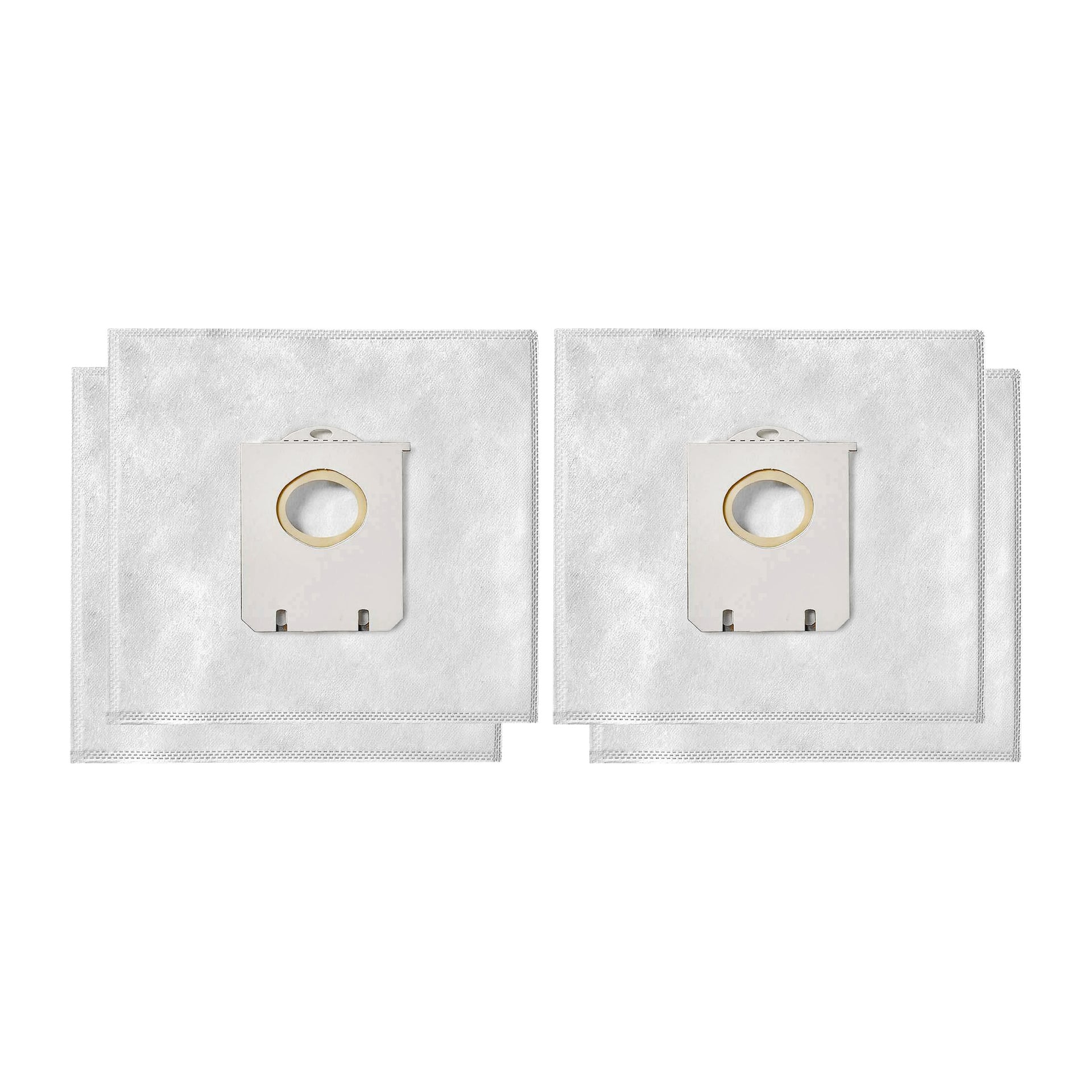 Två paket med Nedis dammsugarpåsar kompatibla med S-bag®, där varje påse innehåller två vita påsar staplade tillsammans, var och en med en kartongkrage.