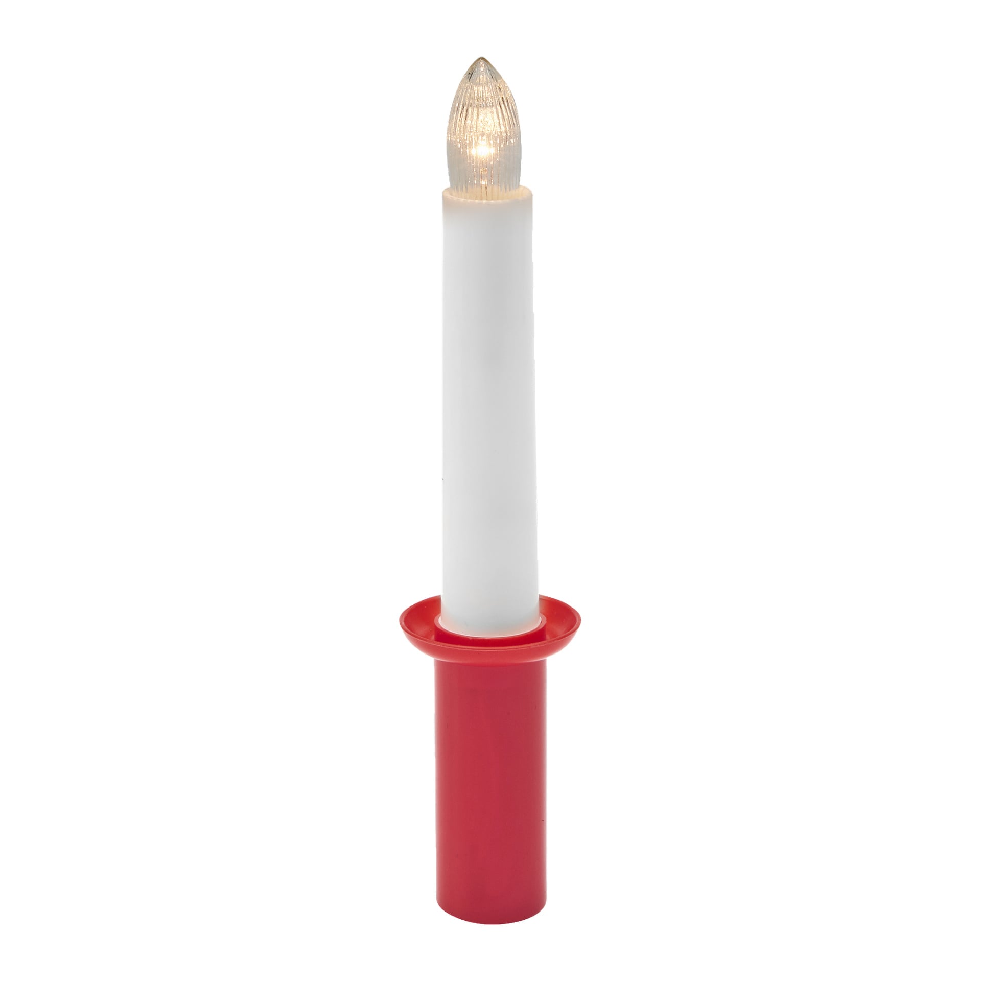 Ett Lucia-ljus från EKVIP med en vit cylindrisk kropp, klar lampa högst upp och röd plastbas.