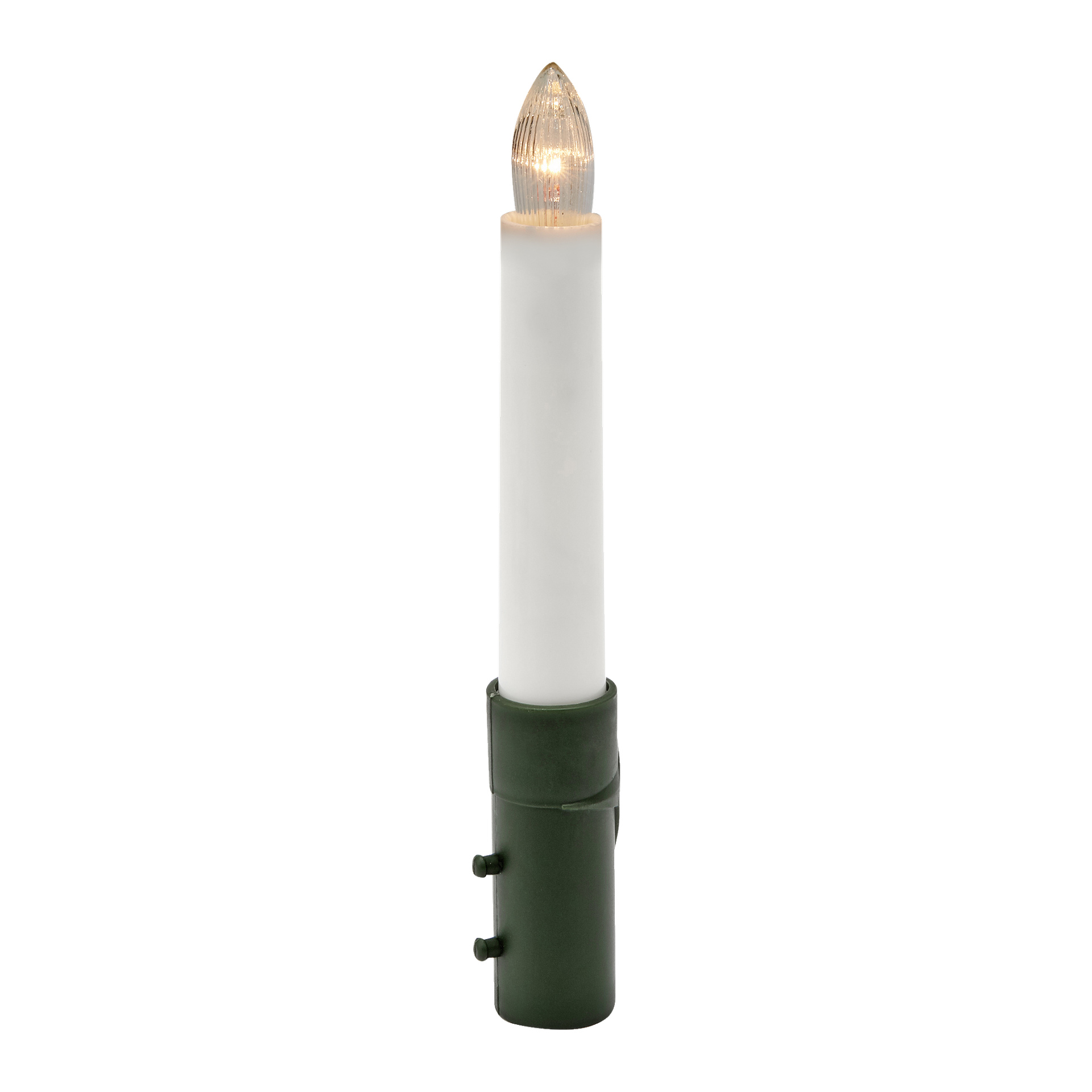 En Lucia-krona från EKVIP som visar ett vitt elektriskt ljus med en klar, flamformad glödlampa och en mörkgrön plastbas.
