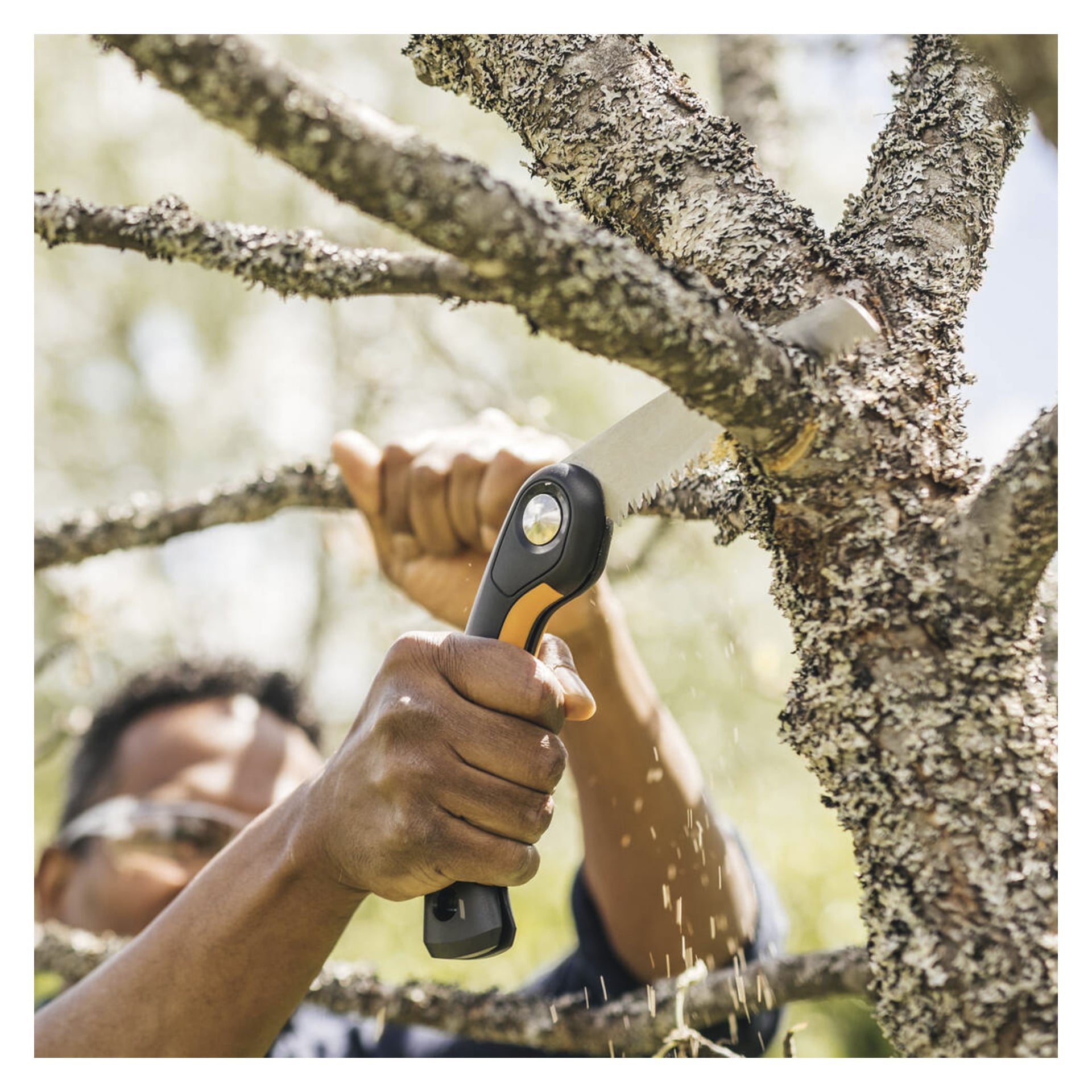 En person sågar en trädgren med en Fiskars Folding Saw Plus M SW68, som känns igen på sitt svarta och orange handtag. Sågspån syns när bladet skär genom den lavtäckta barken. I bakgrunden syns grönska ur fokus.