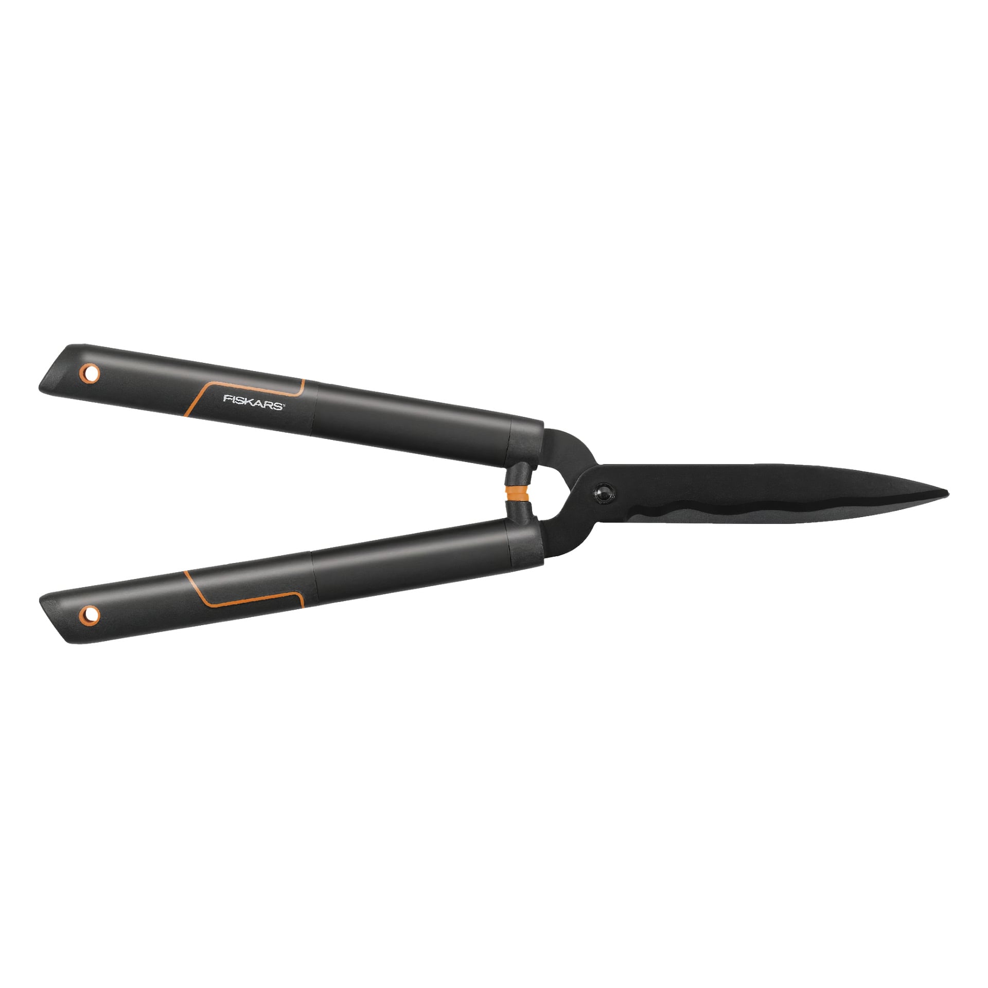 Fiskars HS22 SingleStep häcksaxar med raka, svartvadderade handtag framhävda med orange detaljer och Fiskars-logotypen på ena sidan. Bladen har en delvis tandad egg.