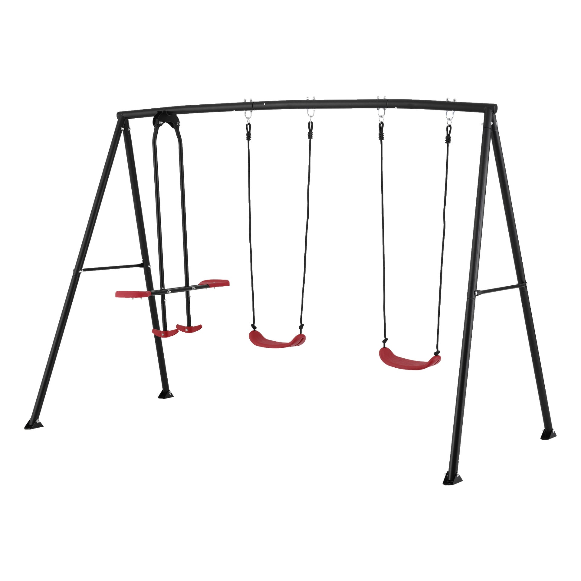 Kayoba Swing Set har en stark svart ram och inkluderar tre gungor: två med röda säten och en som är röd och svart, designad med både ryggstöd och frontskydd för extra stöd.