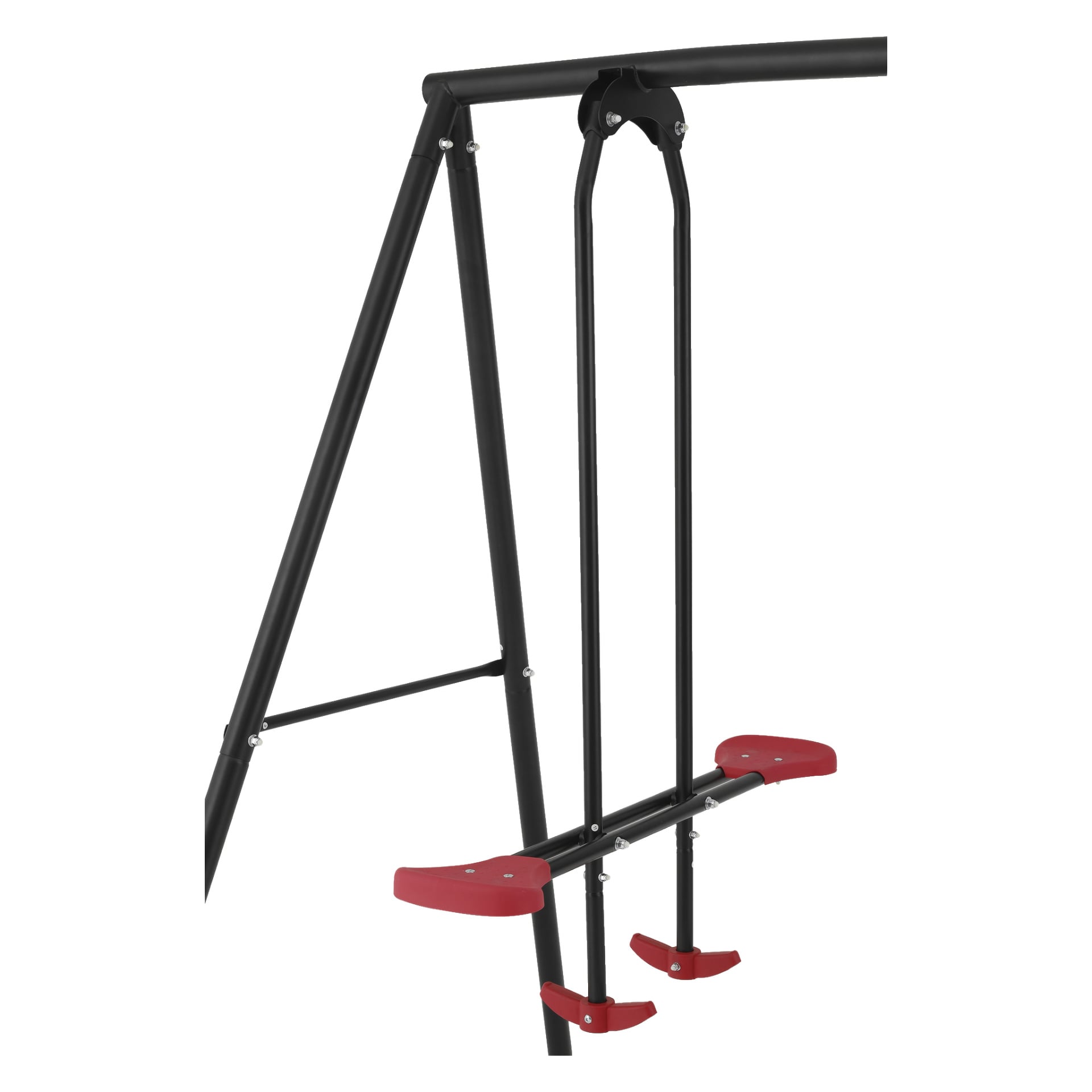 Kayoba Swing Set är en svart metallgunga med två röda säten och matchande röda fotstöd, hängande från en triangulär ram.
