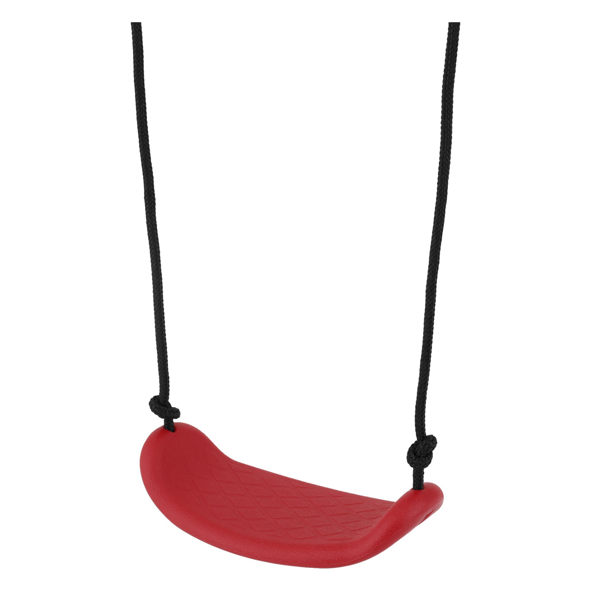 Ett Kayoba-gungset med en röd plastsits är upphängd i två svarta rep, ett på varje sida, där varje rep är säkert knutet med knutar.
