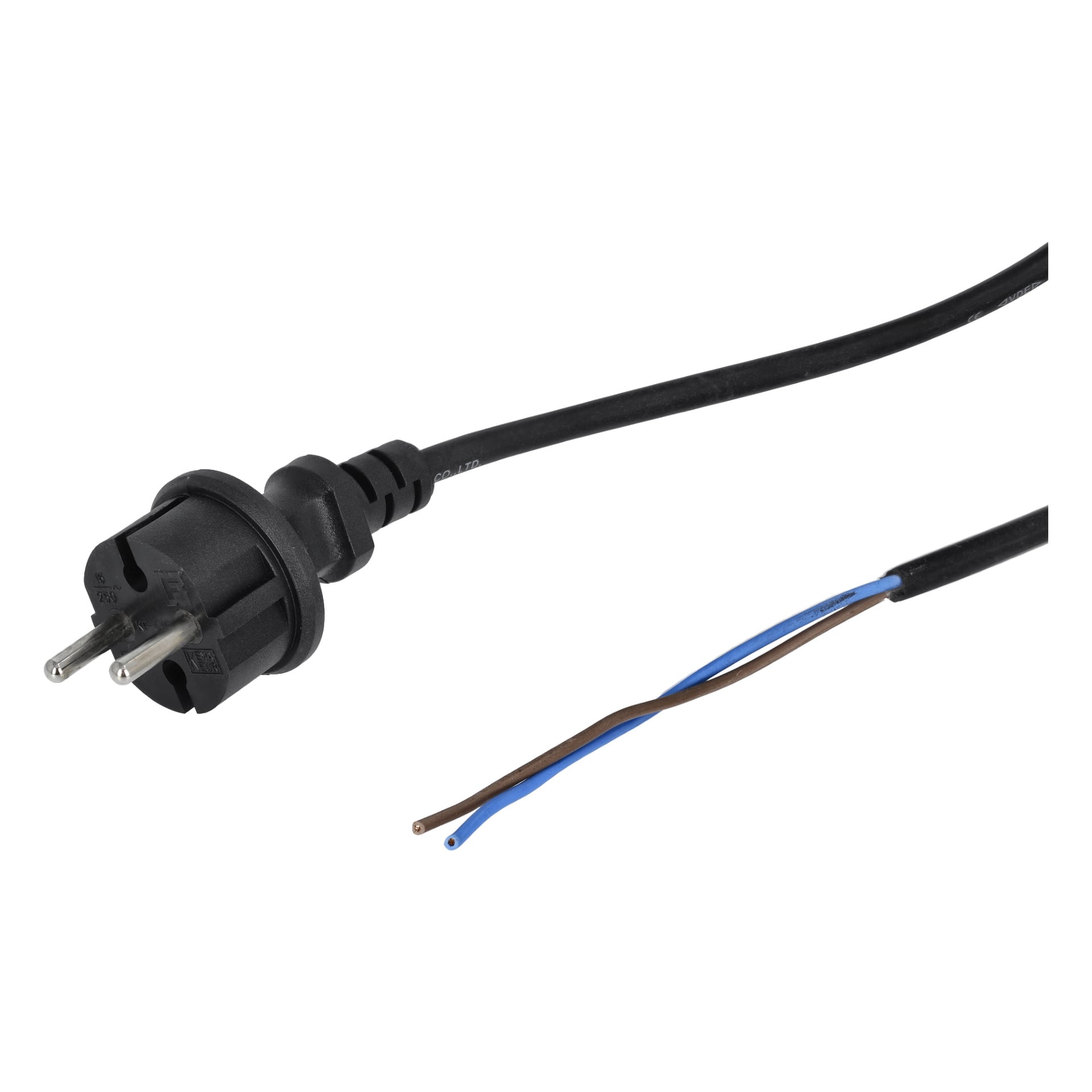 Ett Anslut Cord-set med en europeisk kontakt kopplad till en svart kabel visas. Den andra änden av sladden har blottade blå och bruna kablar, vilket visar att den är ofärdig och ännu inte ansluten till någon enhet.