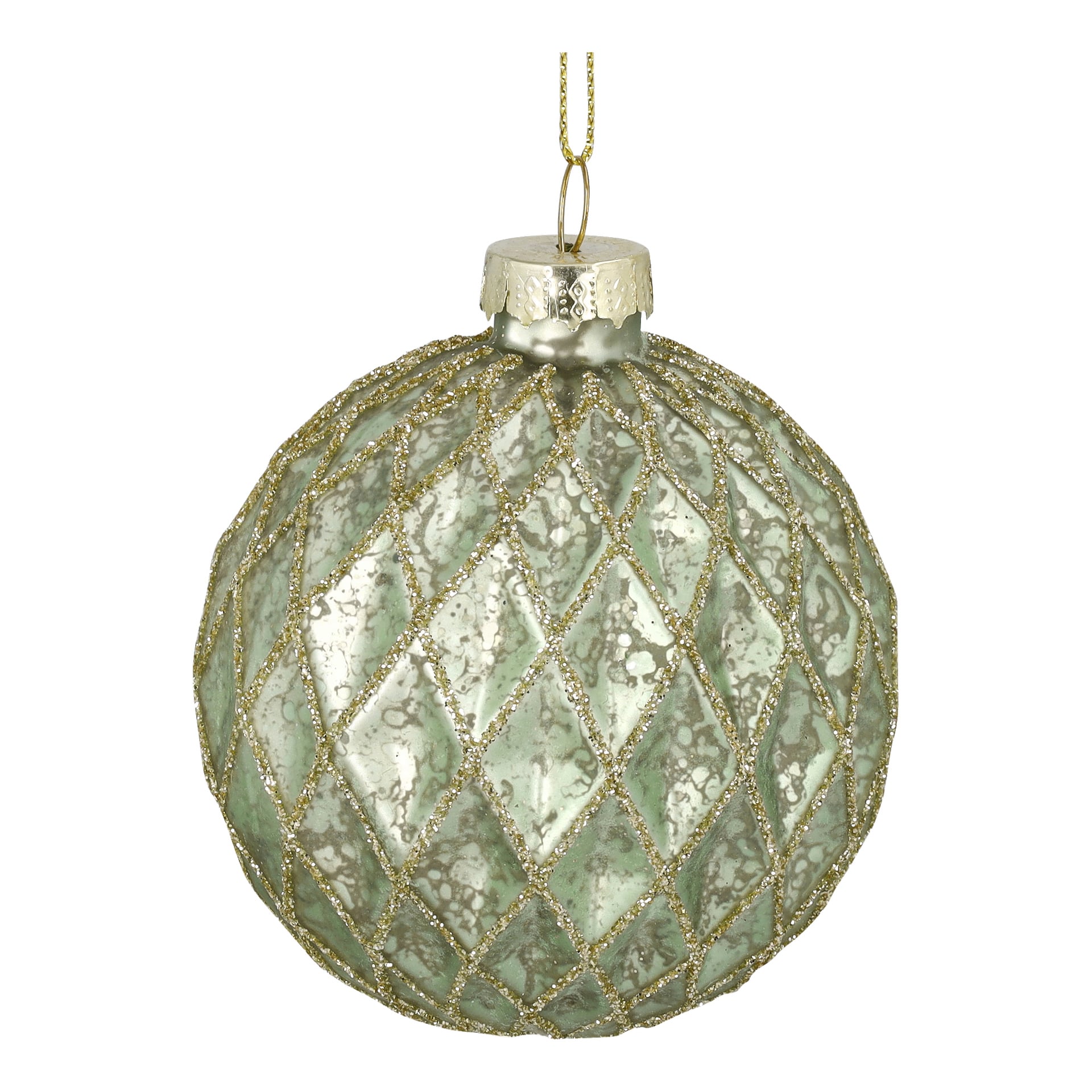 EKVIP Christmas tree balls 3-pack innehåller tre runda gröna prydnader, dekorerade med ett diamantquiltmönster och guldglittriga detaljer, var och en upphängd i ett guldsnöre.