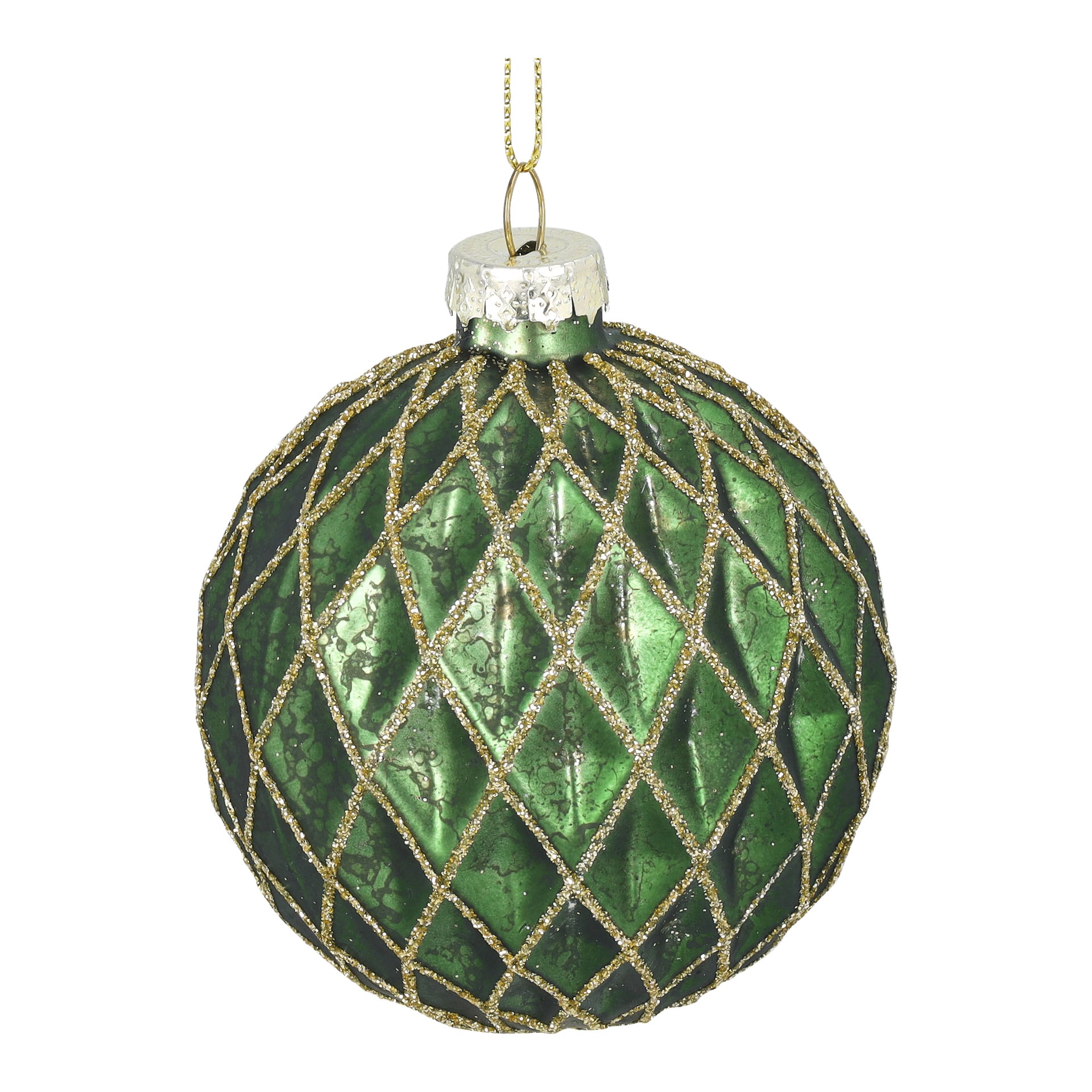 EKVIP Christmas tree balls 3-packet innehåller tre gröna prydnader med glansig finish, dekorerade med ett guldglittrigt diamantmönster, silvertoppar och guldhängande snören.