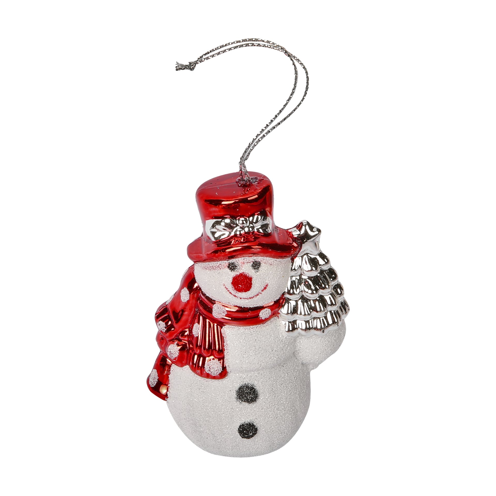EKVIP-set med tre julgransprydnader har en glittrande snögubbe med svarta knappar, en röd näsa och ett glatt leende. Snögubben bär en röd mössa och matchande halsduk, bär en silverjulgran och har en snöre på toppen för att hänga upp.