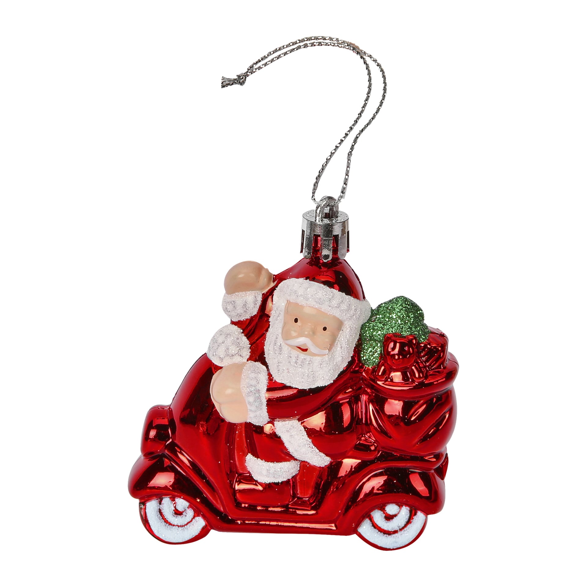 En glänsande röd jultomteprydnad från EKVIP:s julgransset, visad åkande på en scooter med en gnistrande grön presentpåse och toppad med ett silverhängande snöre.