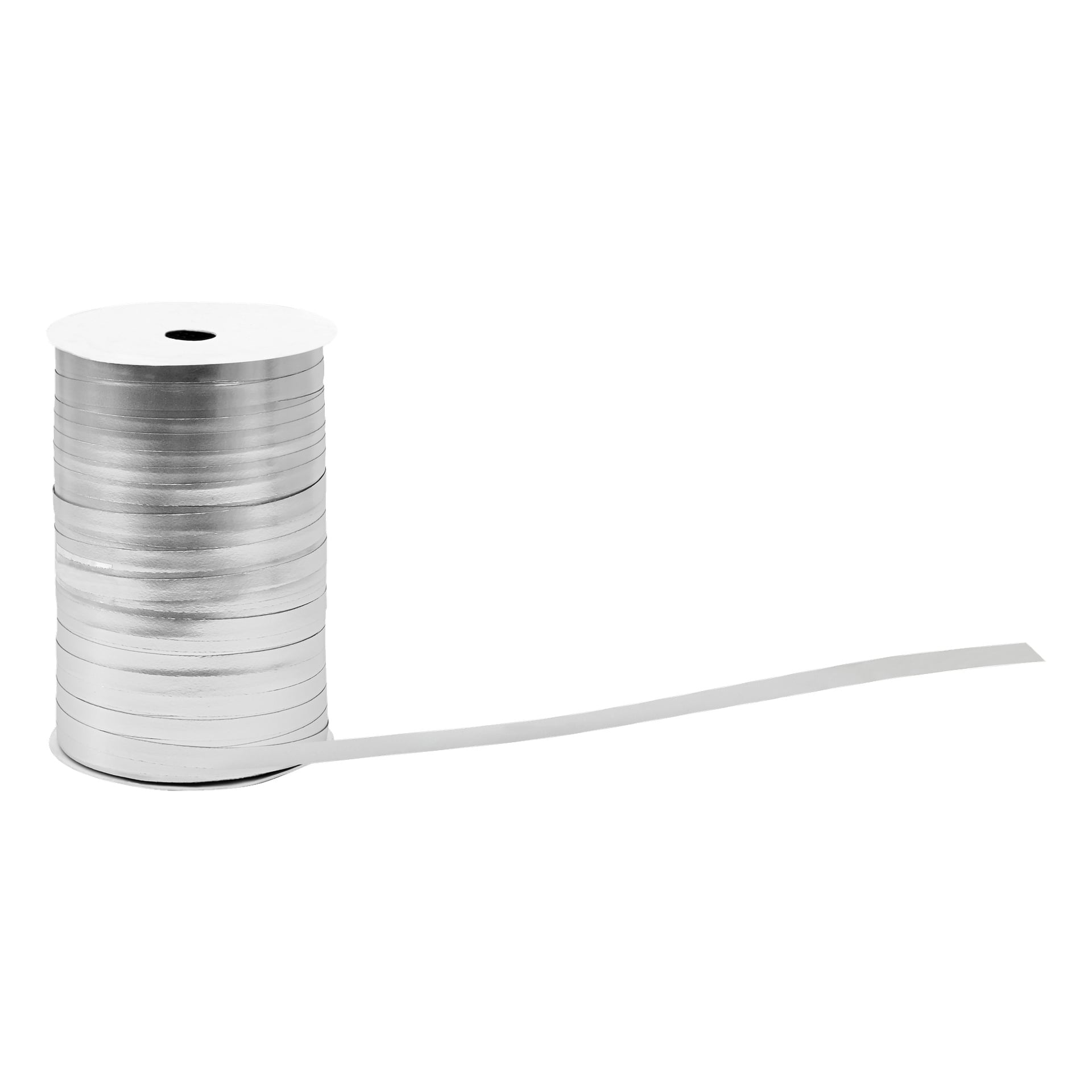 En rulle av glänsande silverband från EKVIP Gift med bandet upprullat åt höger.