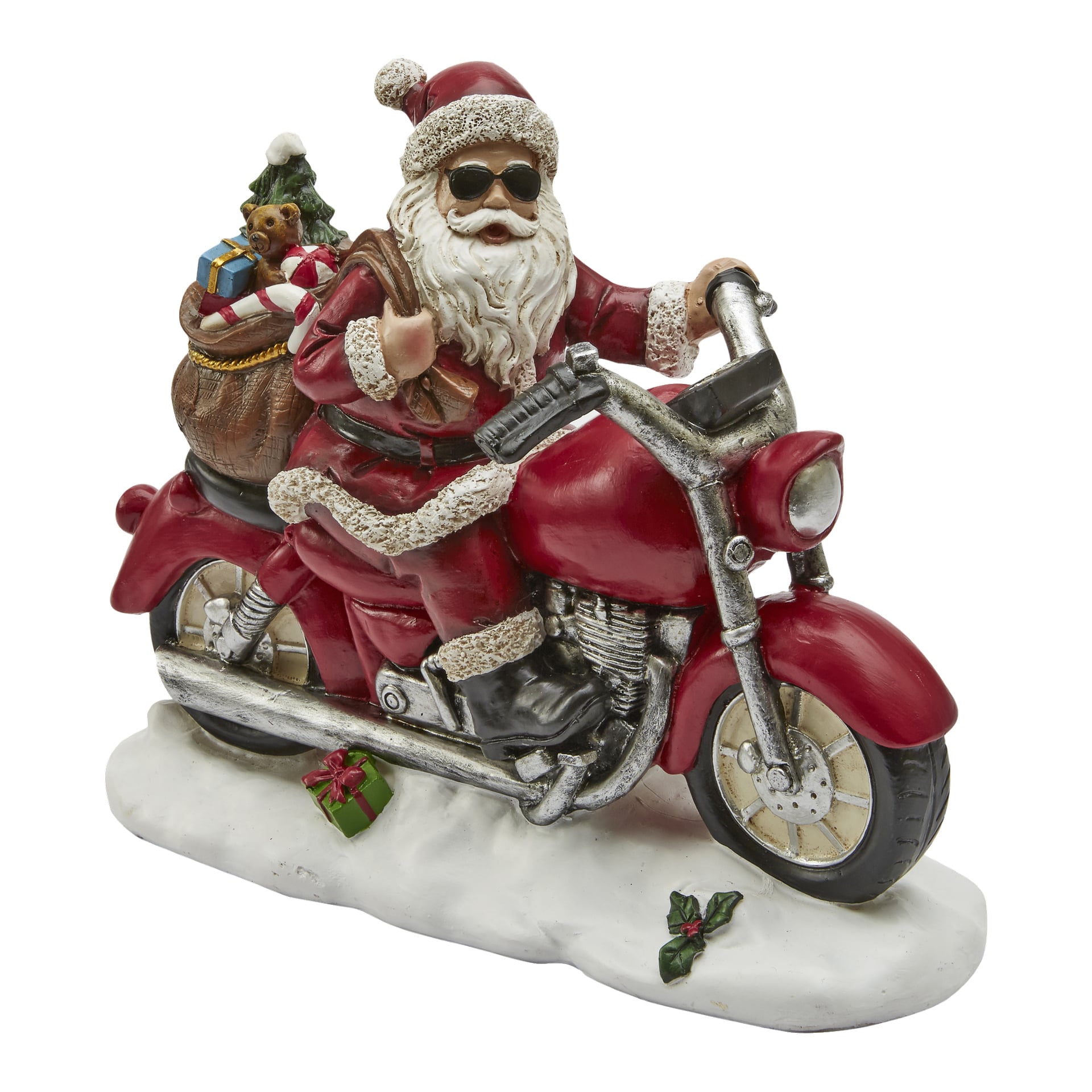 EKVIP:s "Tomten på motorcykel" visar en tomtefigur med solglasögon som kör en röd motorcykel, bärande på en säck med presenter och en nallebjörn sticker ut. Figuren står på en snötäckt bas bredvid två små inslagna presenter.
