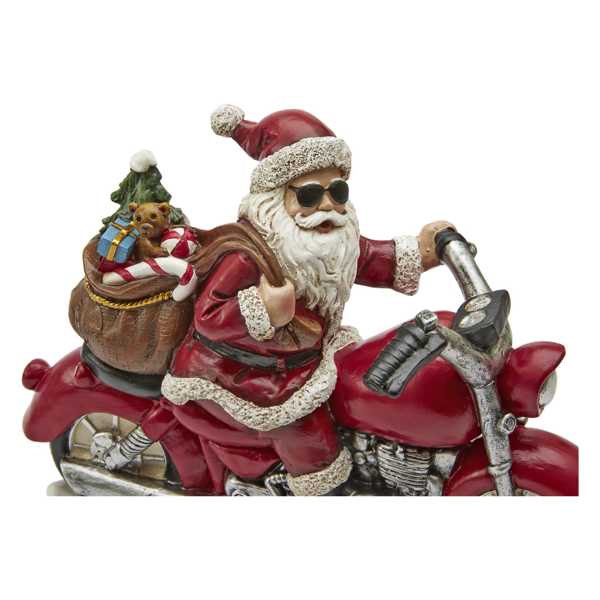 EKVIPs figur "Santa on Motorbike" föreställer jultomten med solglasögon när han kör en klarröd motorcykel. Över axeln hänger en brun säck med en liten nallebjörn, en polkagris och en inslagen present, vilket ger festlig stämning och lekfulla detaljer till varje uppställning.