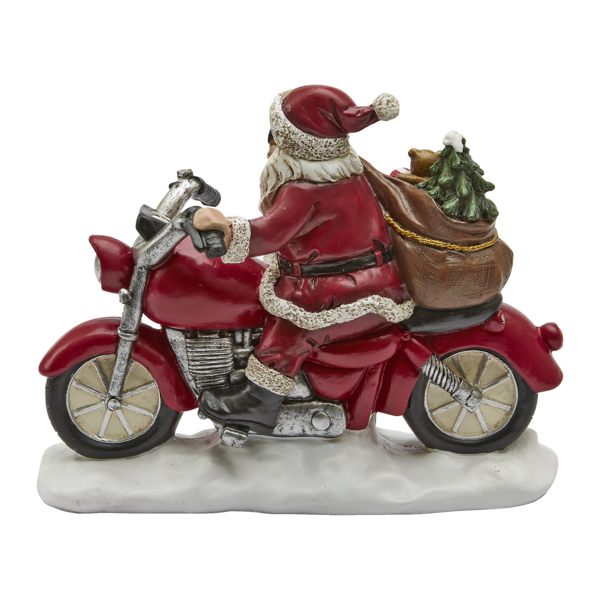 EKVIP:s "Tomten på motorcykel" visar en glad tomtefigur som kör på en röd motorcykel, med en brun presentpåse och en liten julgran på baksidan, allt placerat på en snövit bas.