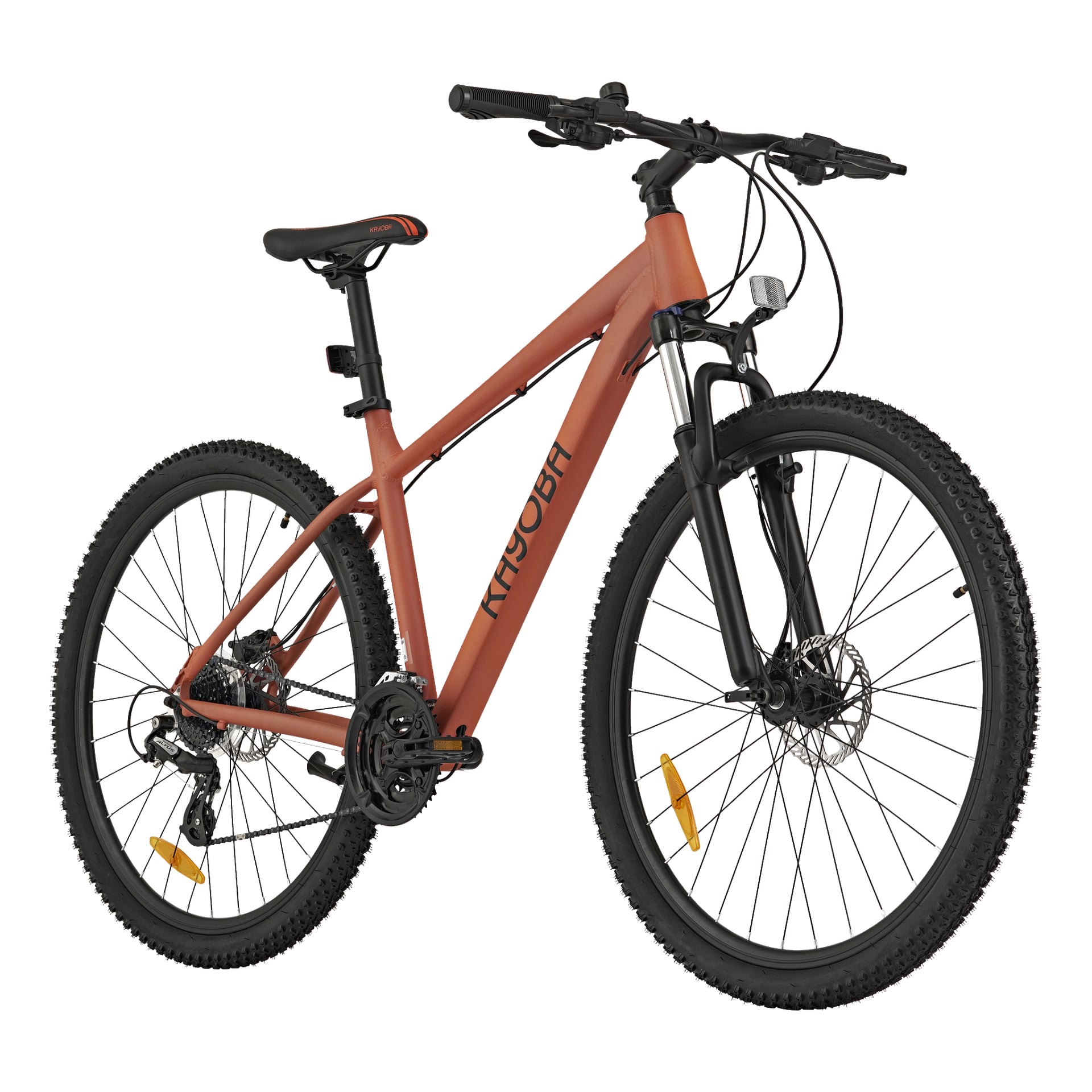 En matt orange Kayoba Freedom 3 mountainbike med framhjulsgaffel, skivbromsar, knotiga däck och platta styren.