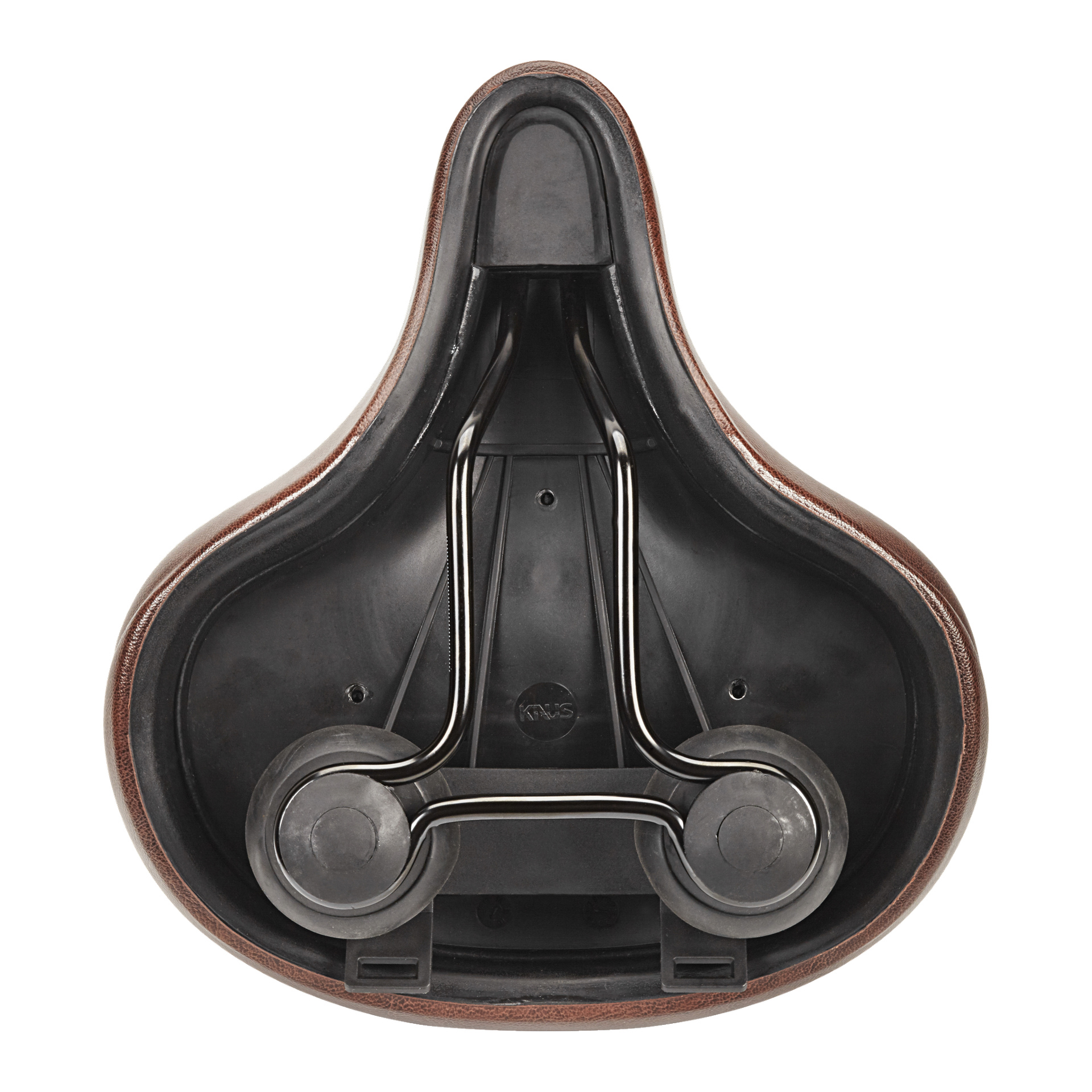 Vy nedanifrån av Kayoba Bike Saddle i brunt och svart, som visar undersidan med metallfjädrar, en stadig plastbas och genomskinliga fästpunkter. Sätet har en bred och rundad design.