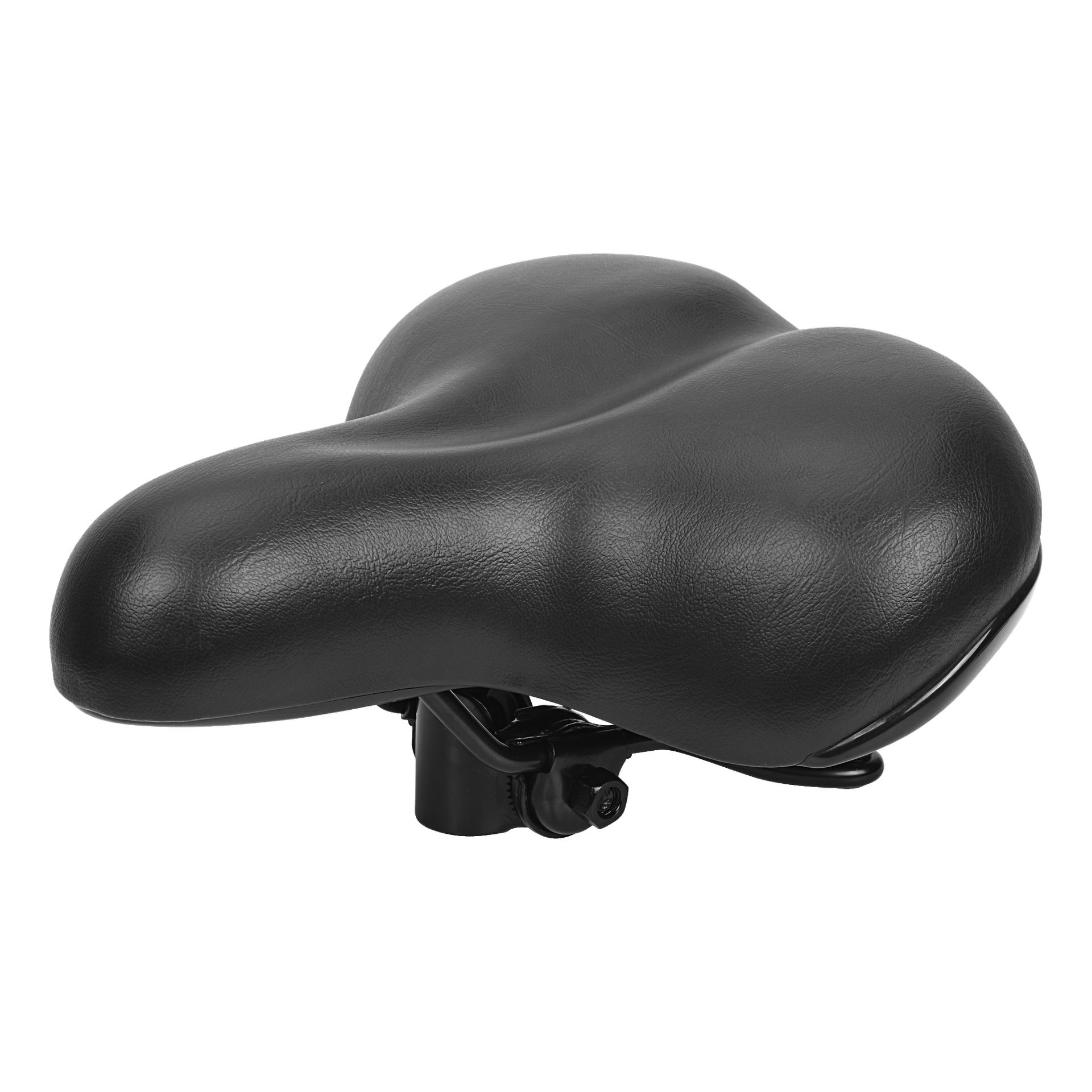 En bred svart Kayoba cykelsadel gjord av texturerat material med en konturerad, dämpad yta för extra komfort. Undersidan visar ett metallfäste.
