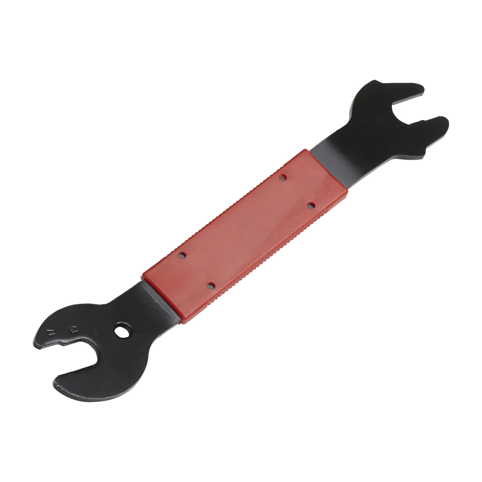 En Kayoba Pedal Spanner med ett texturerat rött och svart handtag är avbildad. Detta dubbeländade verktyg har öppna U-formade käftar i två olika storlekar i varje ände, vilket ger mångsidighet för olika pedaler.