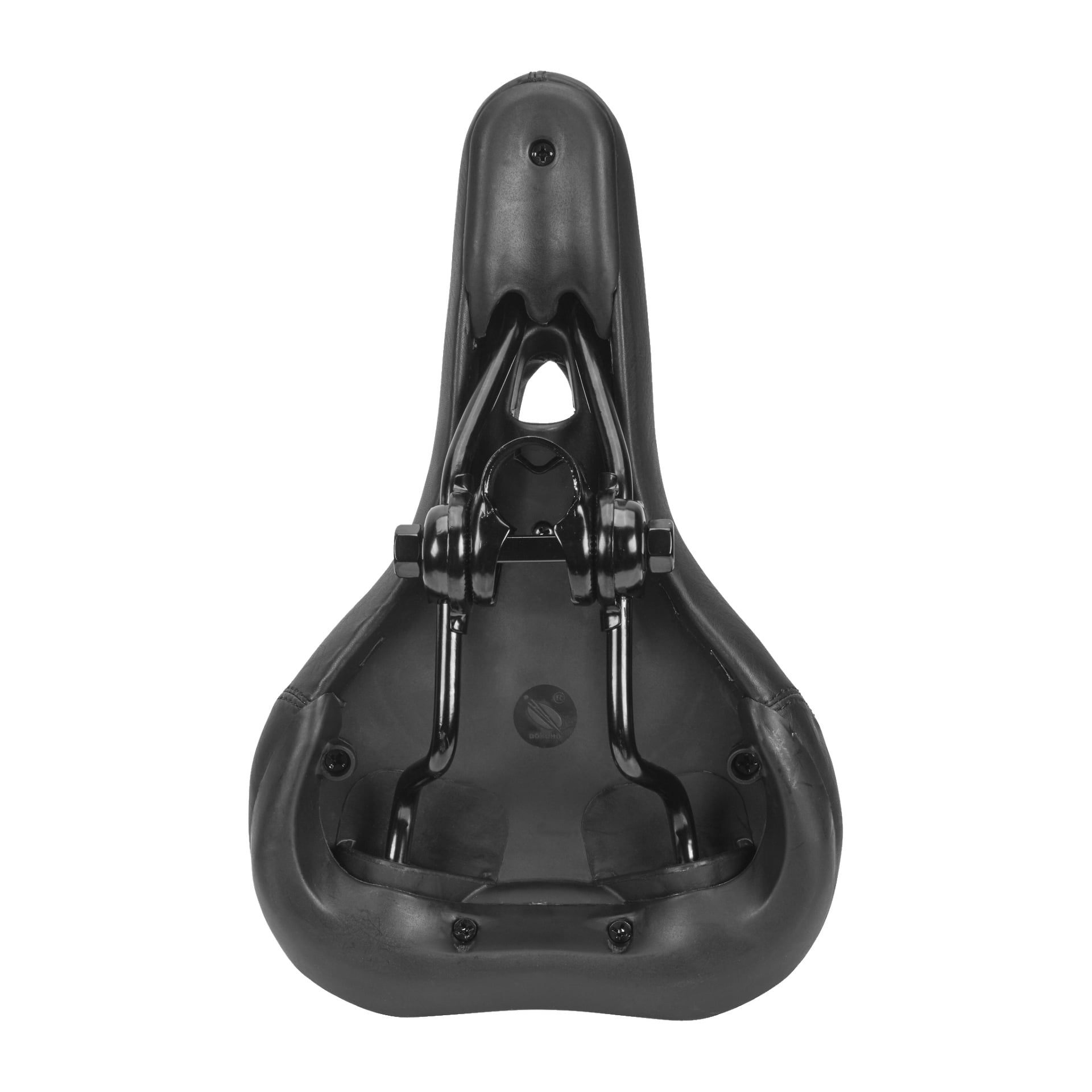 Närbild av undersidan av en Kayoba mountainbikesadel, där dess räls, monteringsbeslag och bultar framhävers. Den svarta sadeln har en bred, ergonomisk form.