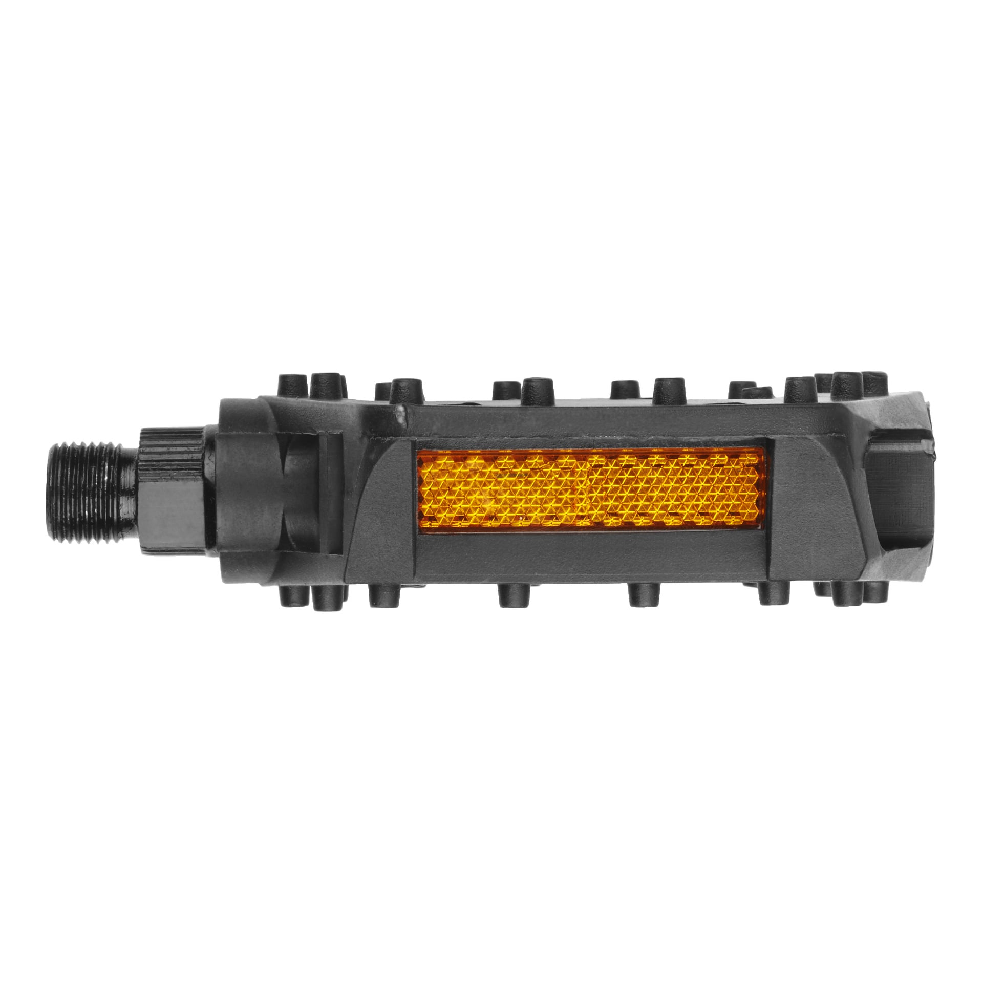 Ett par svarta Kayoba Bike Pedals med en texturerad yta och orange reflektorremsor på sidorna.