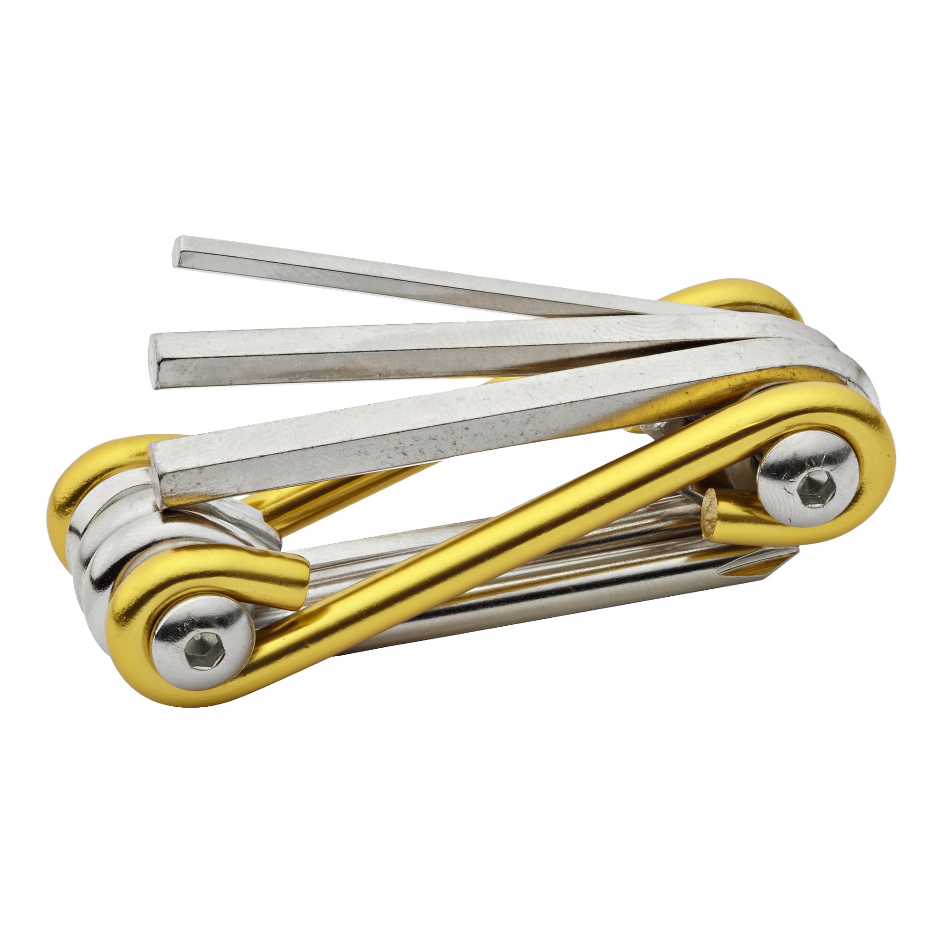 Das Kayoba Multitool zeigt silberne Sechskanttasten in einem goldenen, faltbaren Rahmen, die teilweise ausgeklappt dargestellt sind, um seine Kompaktheit und multifunktionalen Reparaturmöglichkeiten hervorzuheben.