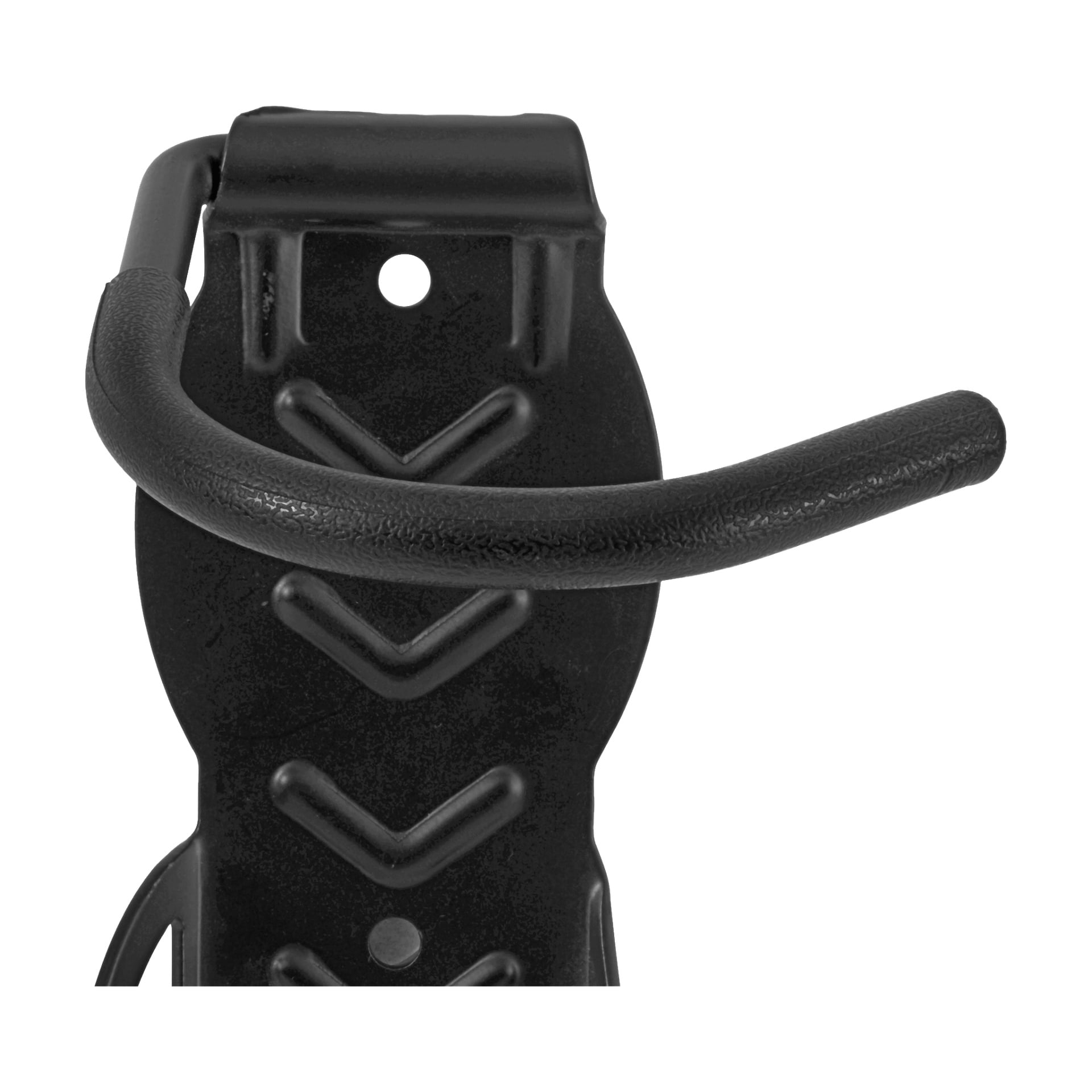 Detaljerad vy av Kayoba Bike Hook, som visar dess svarta metallväggmonterade struktur med en böjd arm belagd med gummi och en vertikal bakplåt, prydd med chevronmönster och två hål för monteringsskruvar.