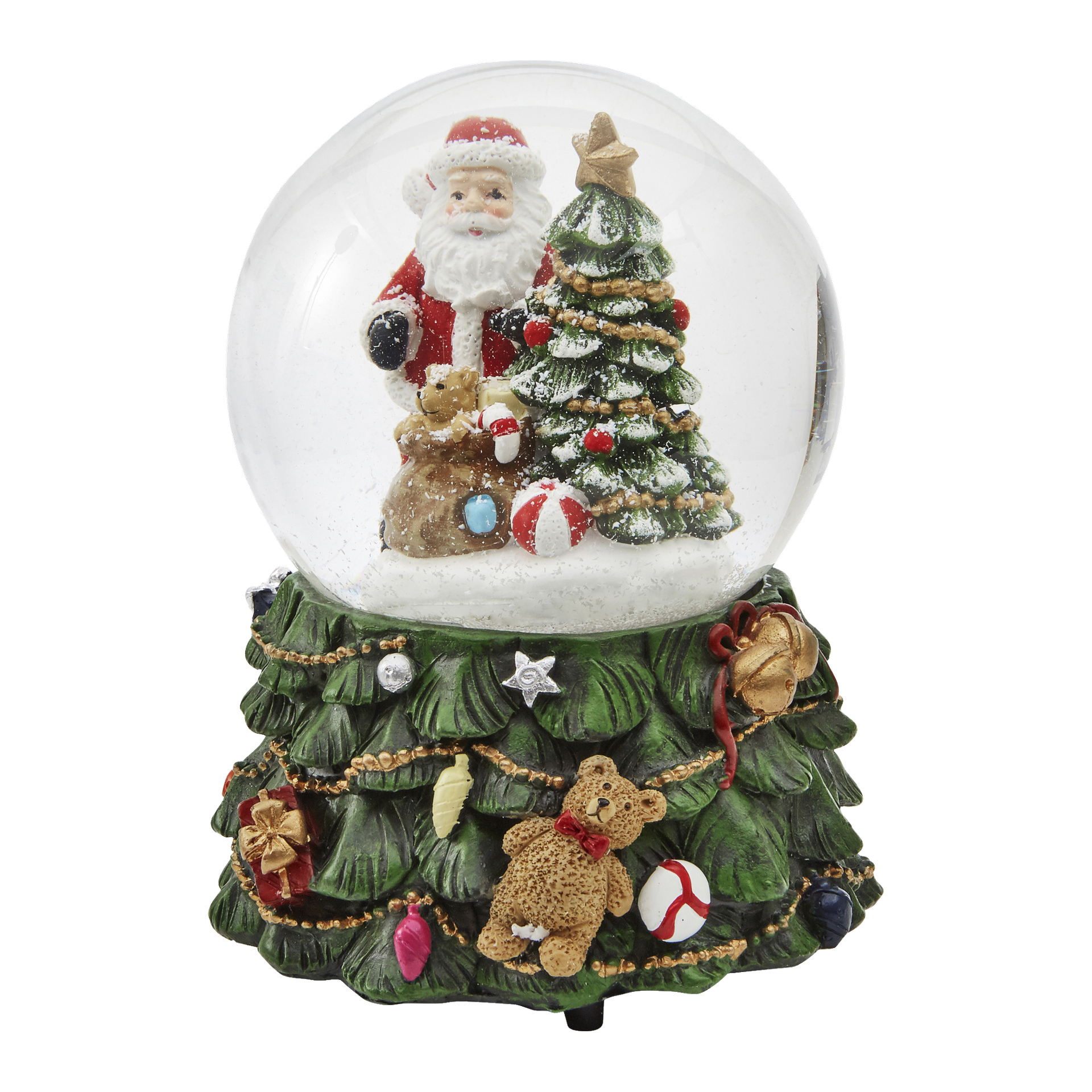 EKVIP Musical Snow Globe med LED-lampor visar en glad jultomte, en dekorerad julgran och ett urval av leksaker och presenter inbäddade inuti. Dess gröna bas efterliknar trädgrenar prydda med färgglada prydnader, en nallebjörn och en inslagen present.
