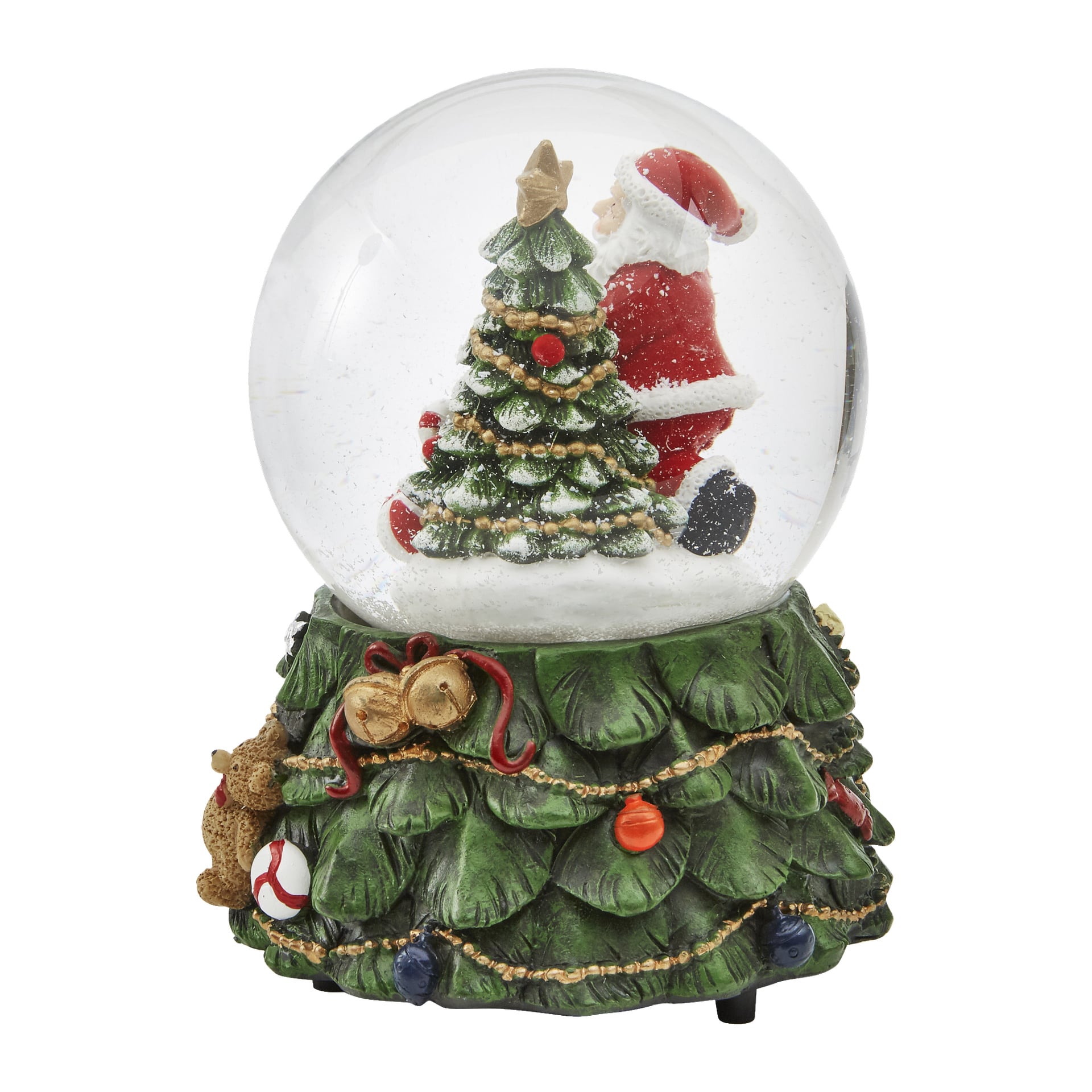 EKVIP Musical Snow Globe med LED-ljus visar jultomten som sätter en stjärna på toppen av en festlig julgran inne i globen, omgiven av virvlande snöflingor. Basen är utformad för att se ut som en julgran dekorerad med prydnader, klockor och en nallebjörn.