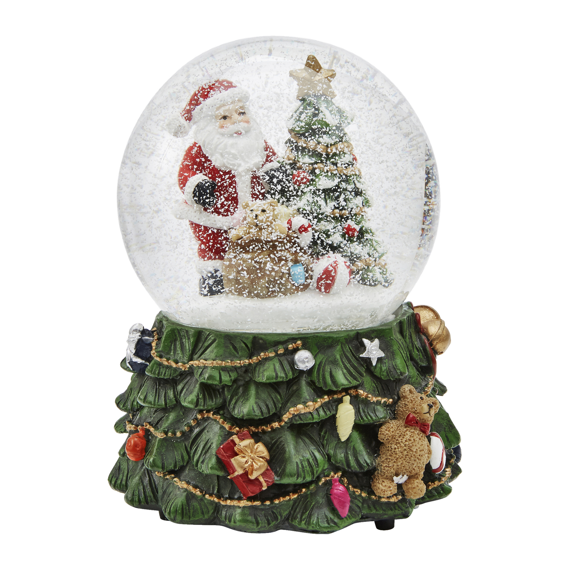EKVIP Musical Snow Globe med LED-lampor ger jultomten som håller en säck med presenter bredvid en dekorerad julgran. Basen är designad för att se ut som en festlig gran med prydnader, inslagna presenter och en nallebjörn. Snön virvlar inuti globen och bidrar till den glada julstämningen.