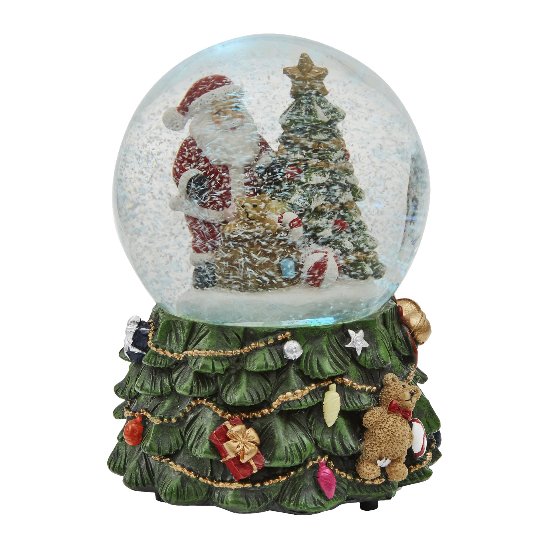 EKVIP Musical Snow Globe, upplyst av LED-lampor, visar en jultomtefigur bredvid en dekorerad julgran och diverse presenter inuti globen. Dess bas liknar ett träd, prydd med festliga prydnader, en nallebjörn och inslagna presenter. Virvlande snöflingor fyller världen för en glad julscen.