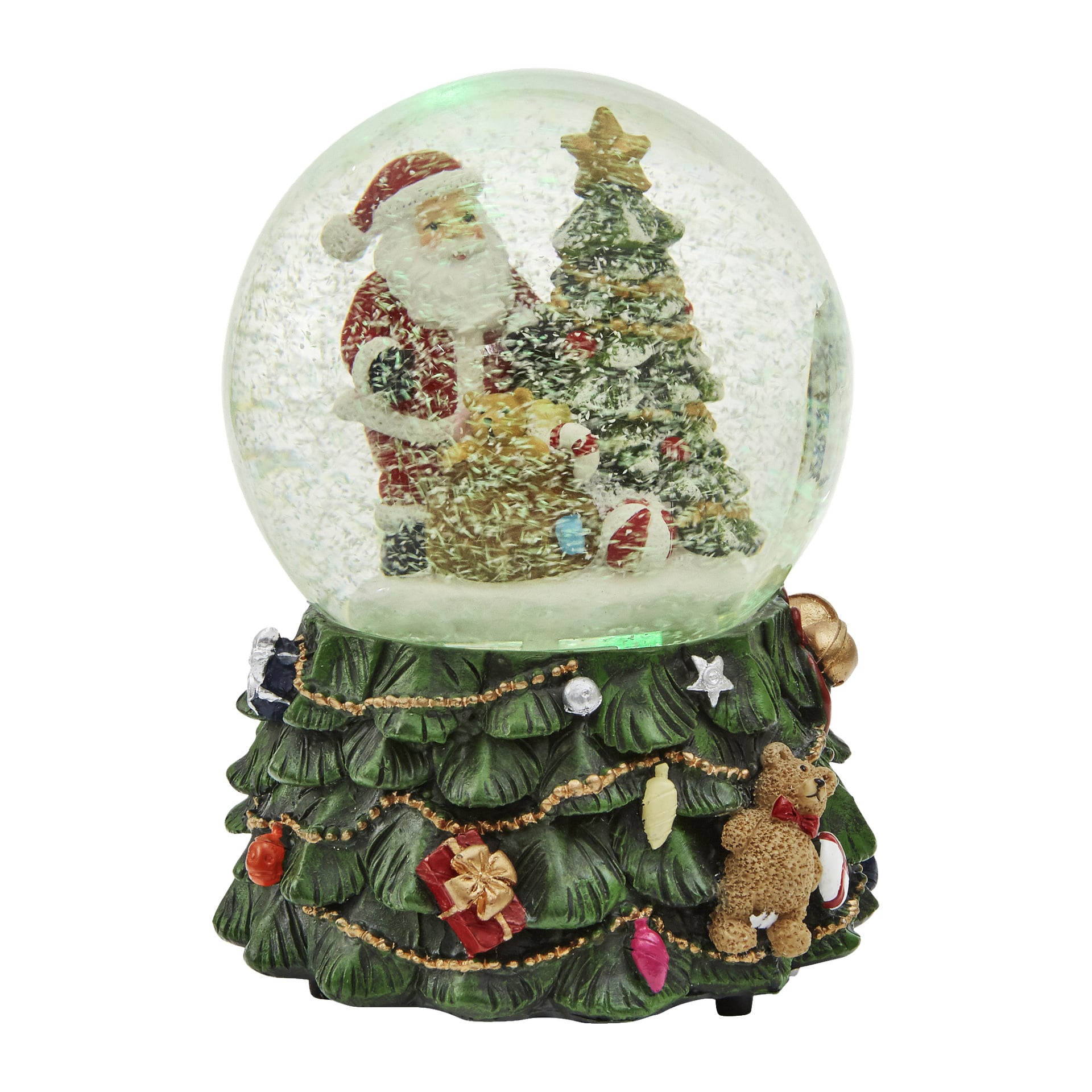 EKVIP Musical-snöglob med LED-belysning visar jultomten bredvid en dekorerad julgran, medan vita, snöliknande partiklar virvlar runt. Basen efterliknar en grön julgran dekorerad med färgglada prydnader, presentaskar och en liten brun nallebjörn.