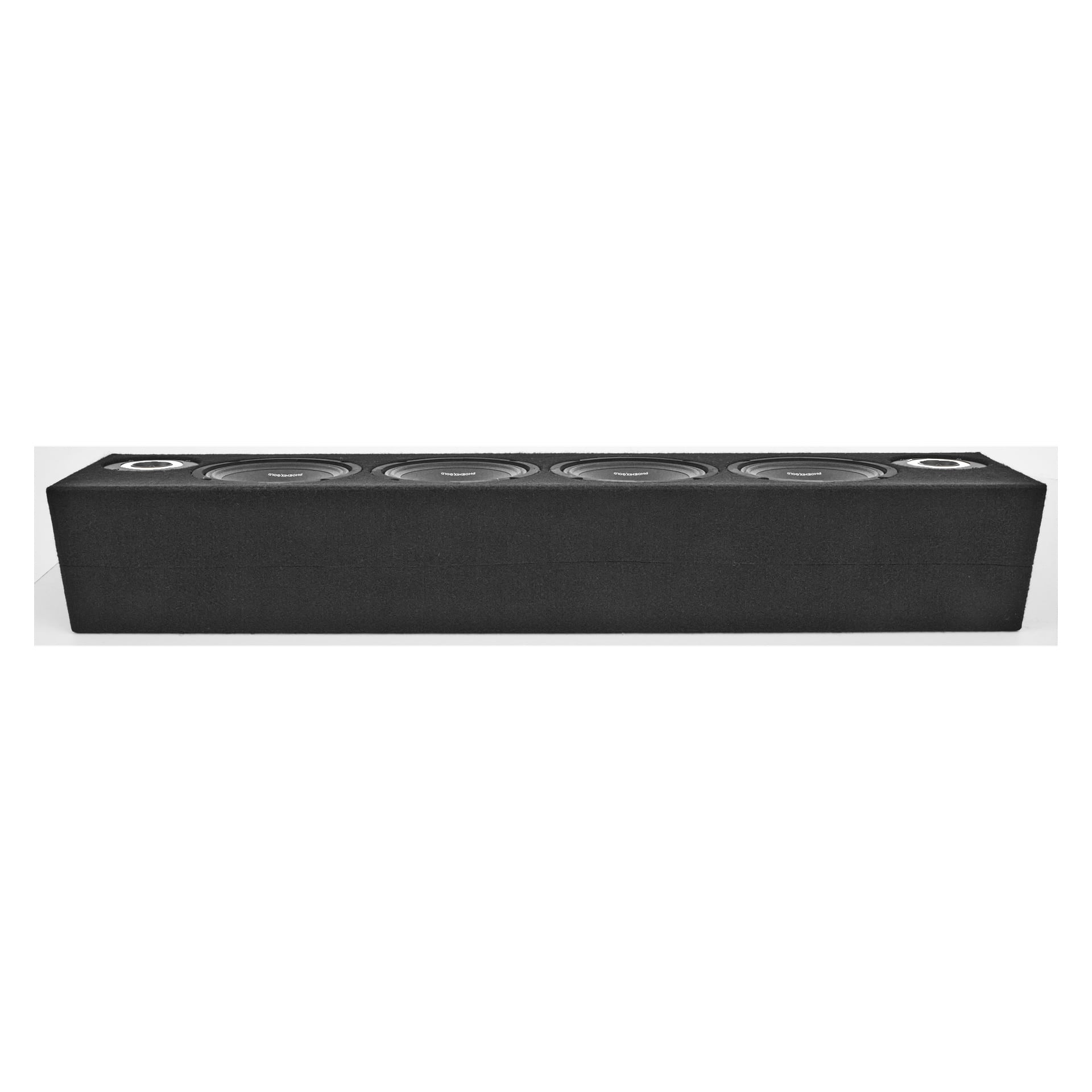 Phoenix Gold SPL-lådan ZP65BOX är en svart, rektangulär högtalarlåda med fyra subwoofers och två cirkulära portar ovanpå.