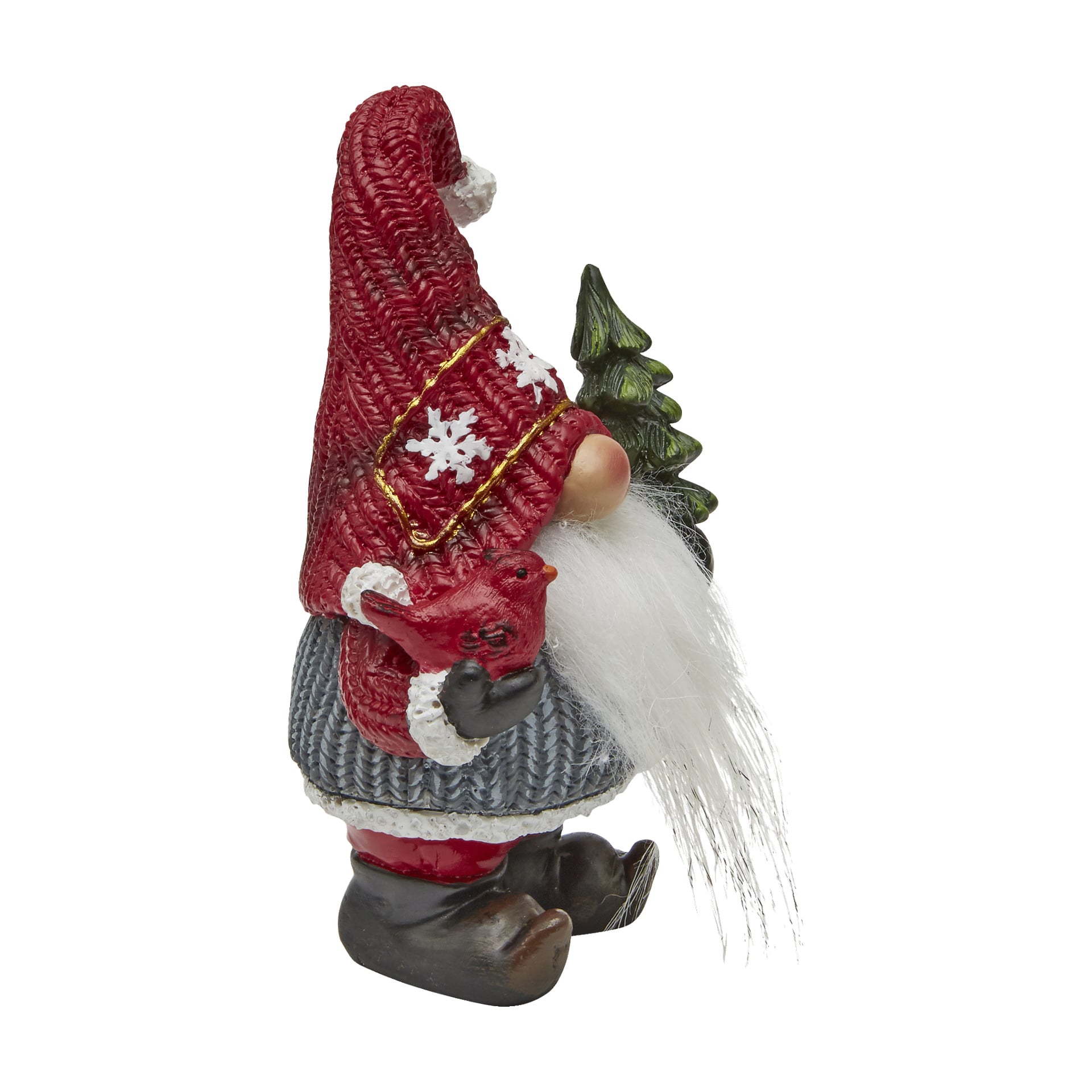 En EKVIP "Santa"-figur av en tomte med långt vitt skägg, bärande en röd hatt dekorerad med snöflingor, grå tröja och svarta stövlar, som håller en liten grön julgran och ett rött djur.