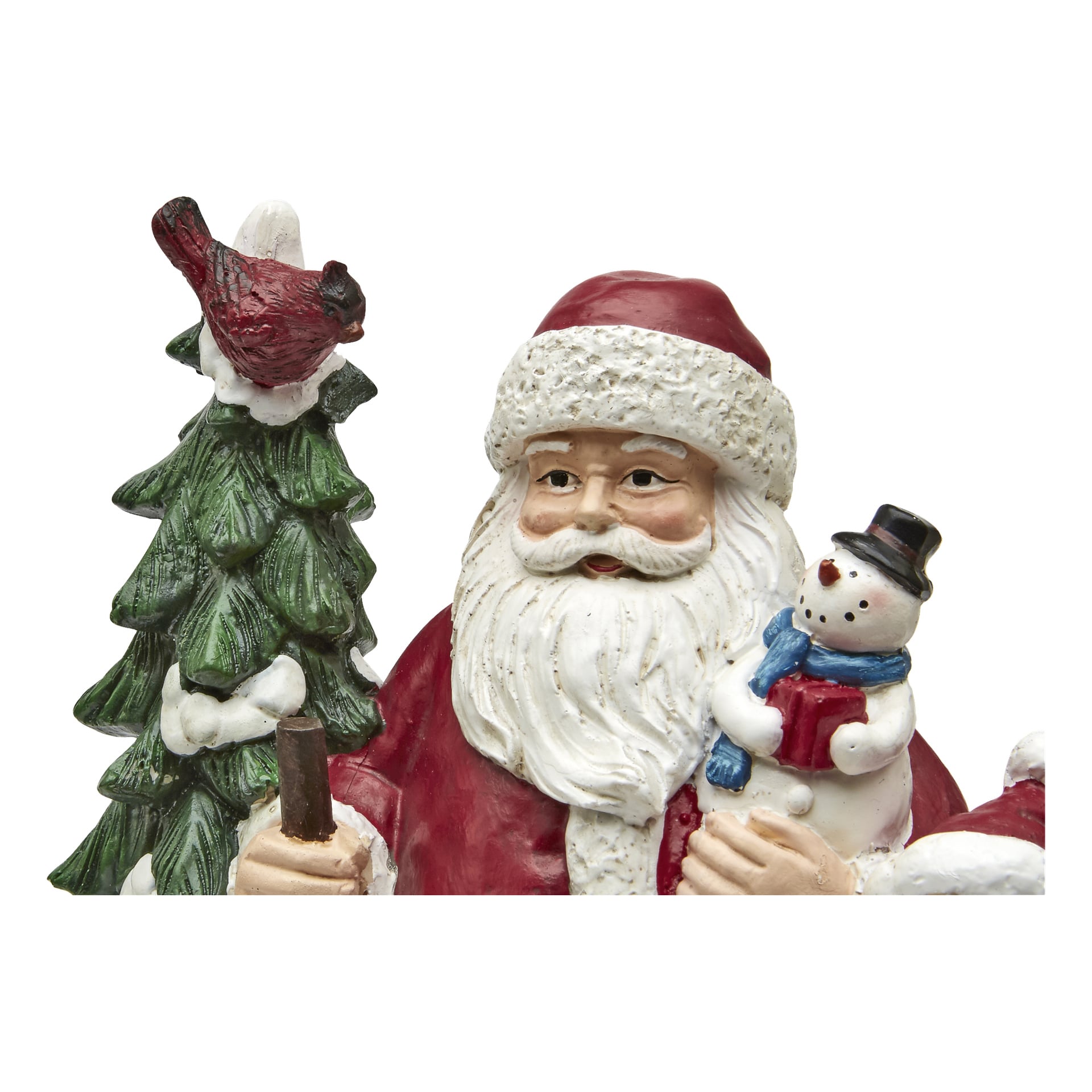 EKVIPs tomtefigur visar tomten som håller en snögubbe med en blå halsduk och en röd present, bredvid en snögrön julgran med en röd fågel på toppen.