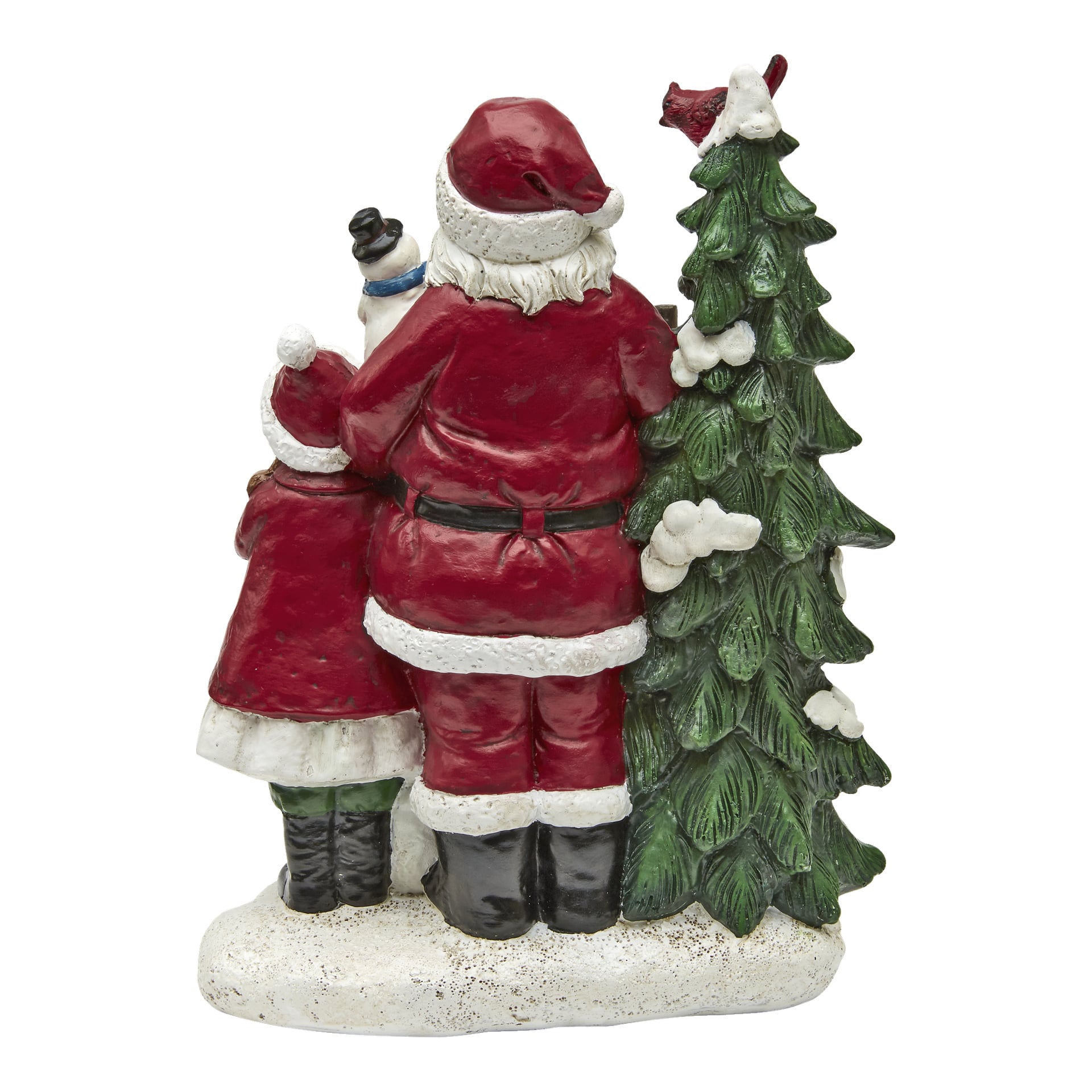 EKVIPs tomtefigur visar jultomten, en snögubbe och ett barn klädda i röda vinterkläder stående bredvid en julgran med snödetaljer, sedda bakifrån.