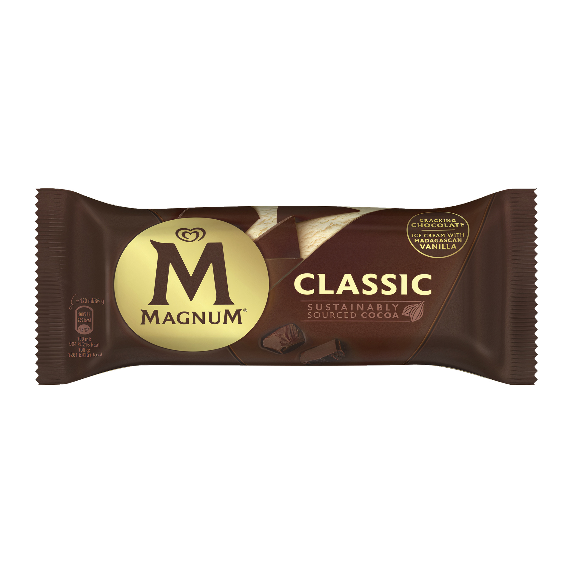 Magnum Classic -jäätelöbaari ruskeassa pakkauksessa, jossa lukee "Classic" ja "Sustainable Sourced Cocoa." Kääreessä on kuvia suklaa- ja vaniljajäätelöstä sekä merkin ja ravintosisällön yksityiskohdat.