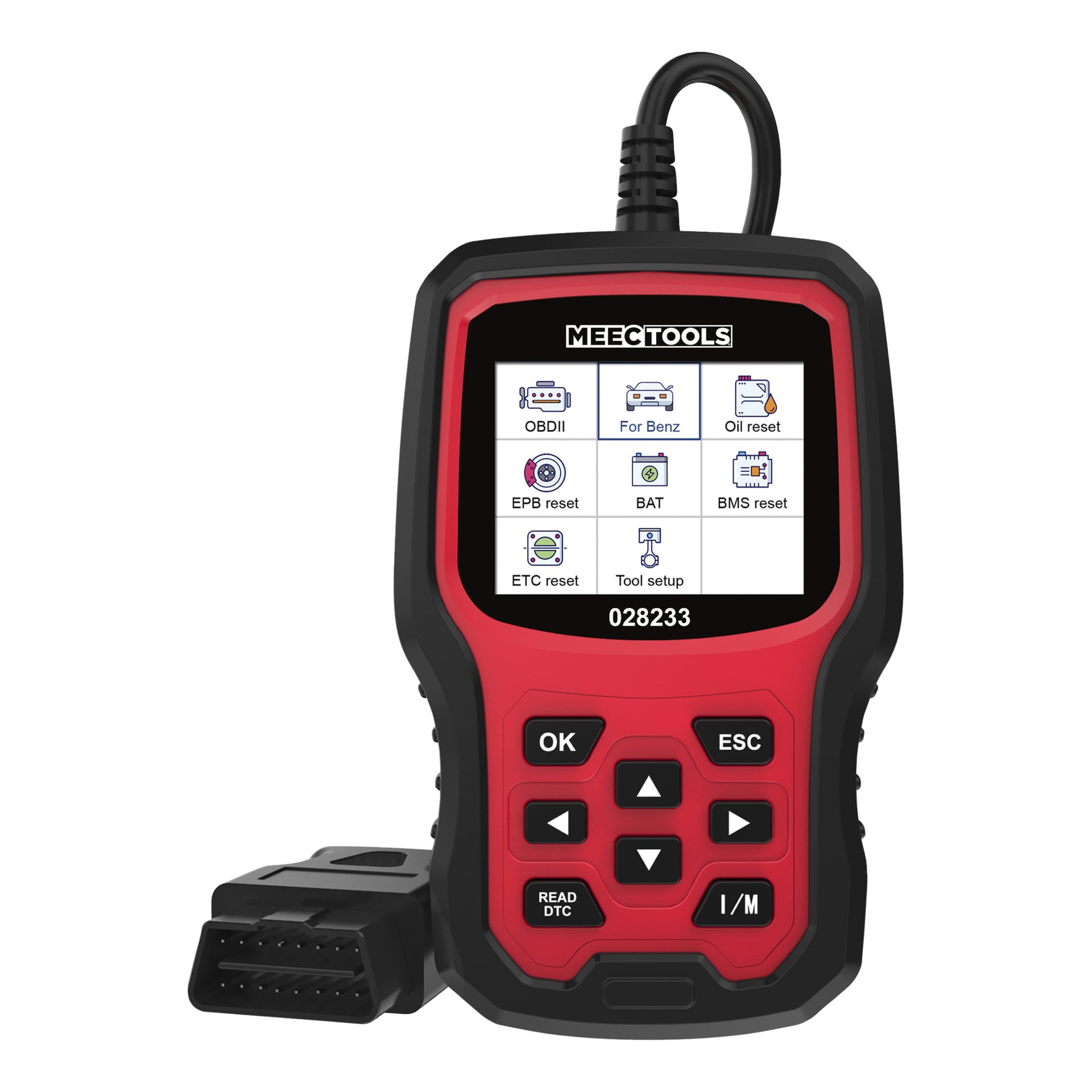 En Meec Tools felkodsläsare för Mercedes OBD-II, designad för att vara handhållen med en färgglad display som visar menyikoner, tydligt markerade knappar och en ansluten OBD-II-kabel. Enheten erbjuder flera alternativ för att återställa olika fordonssystem.